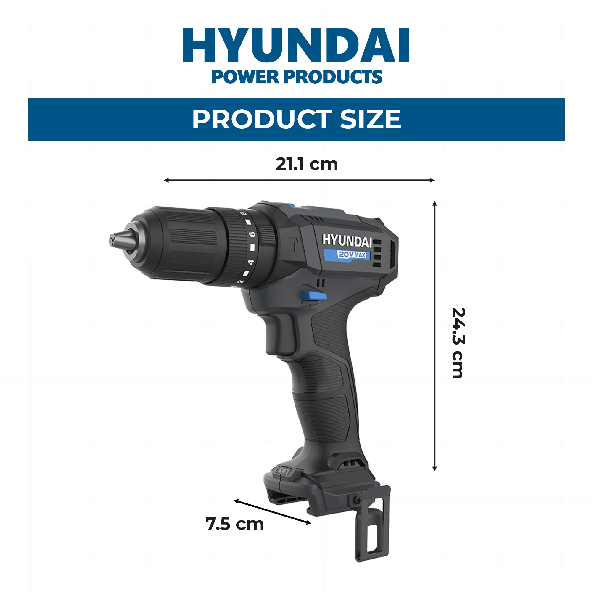 Hyundai 20V Cordless Hammer Drill – 2-Speed, 50Nm Torque, LED - SKIN ONLY (HD20S-50) - Image 4