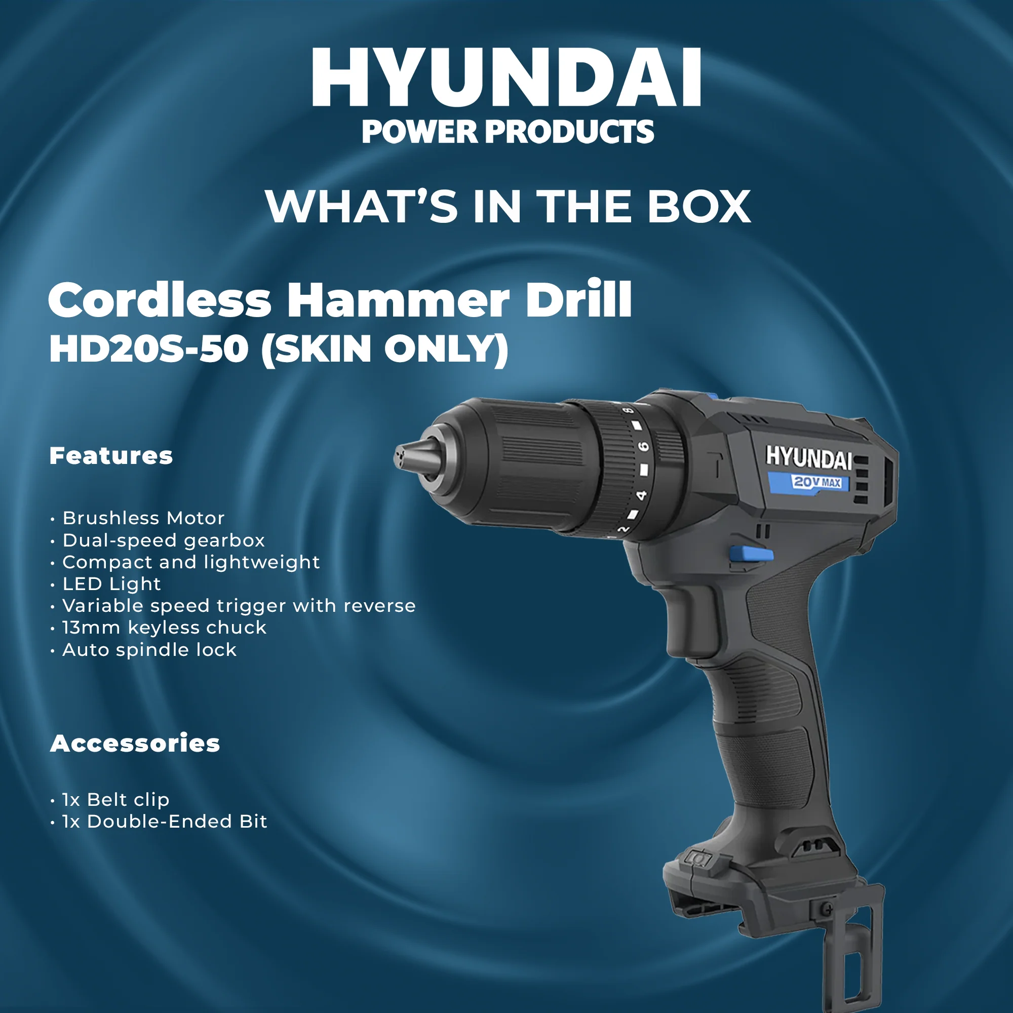 Hyundai 20V Cordless Hammer Drill – 2-Speed, 50Nm Torque, LED - SKIN ONLY (HD20S-50) - Image 5