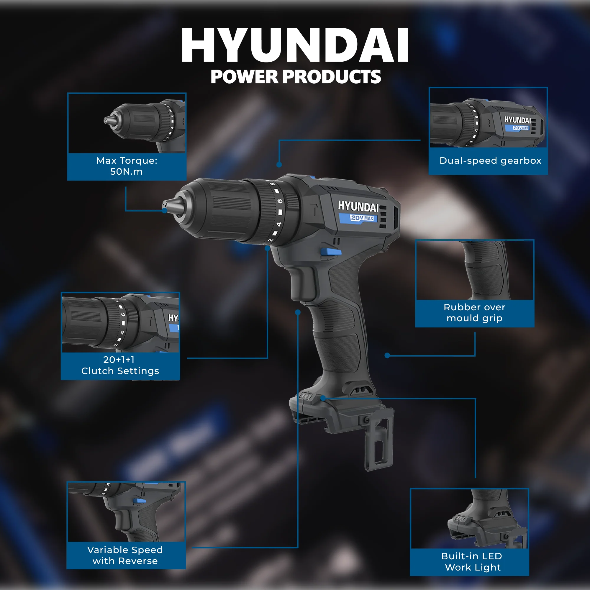 Hyundai 20V Cordless Hammer Drill – 2-Speed, 50Nm Torque, LED - SKIN ONLY (HD20S-50) - Image 6