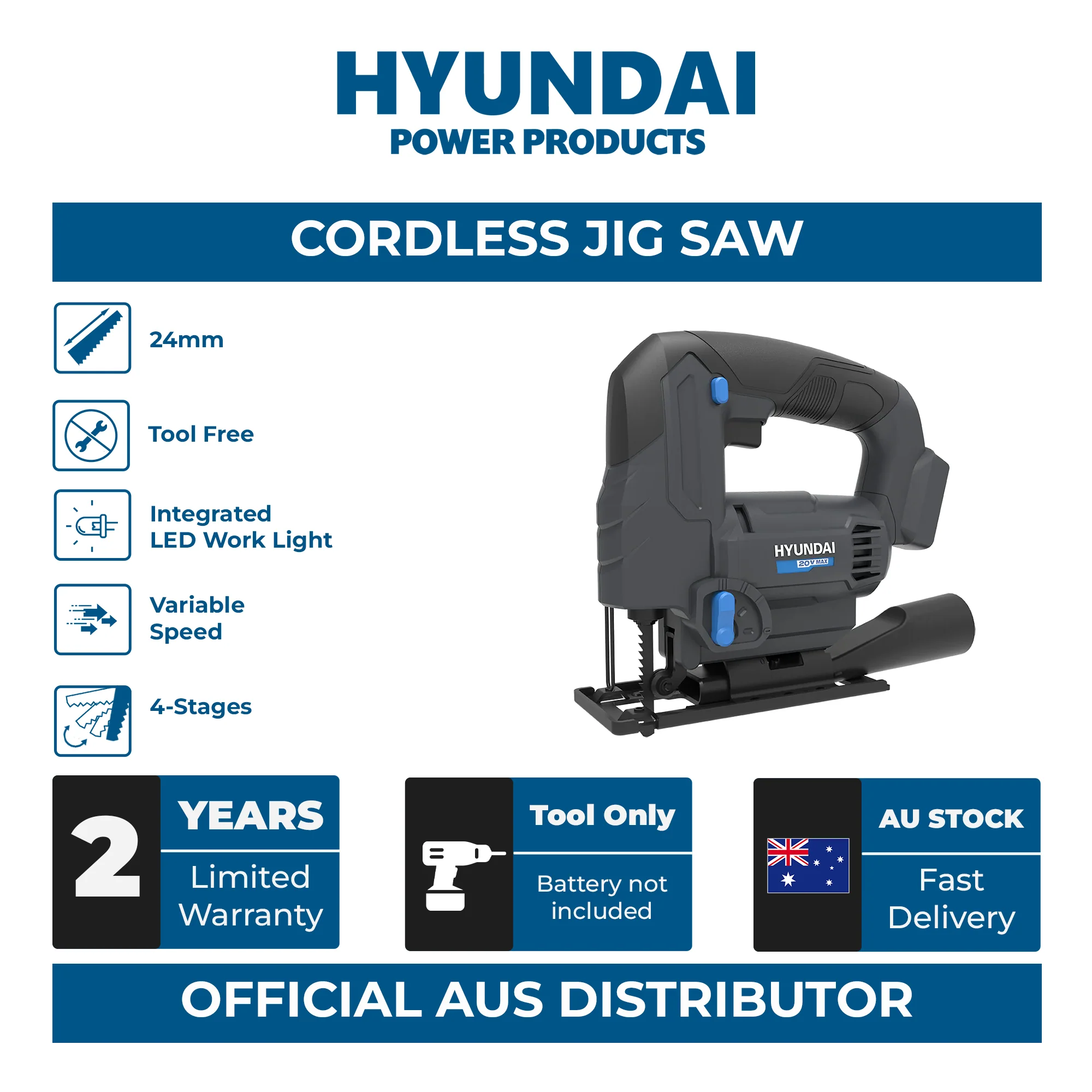 Hyundai 20V Cordless Jigsaw – Variable Speed, Tool-Free Blade, 45° Bevel, Dust Adapter - SKIN ONLY (JS20S-24) - Image 3