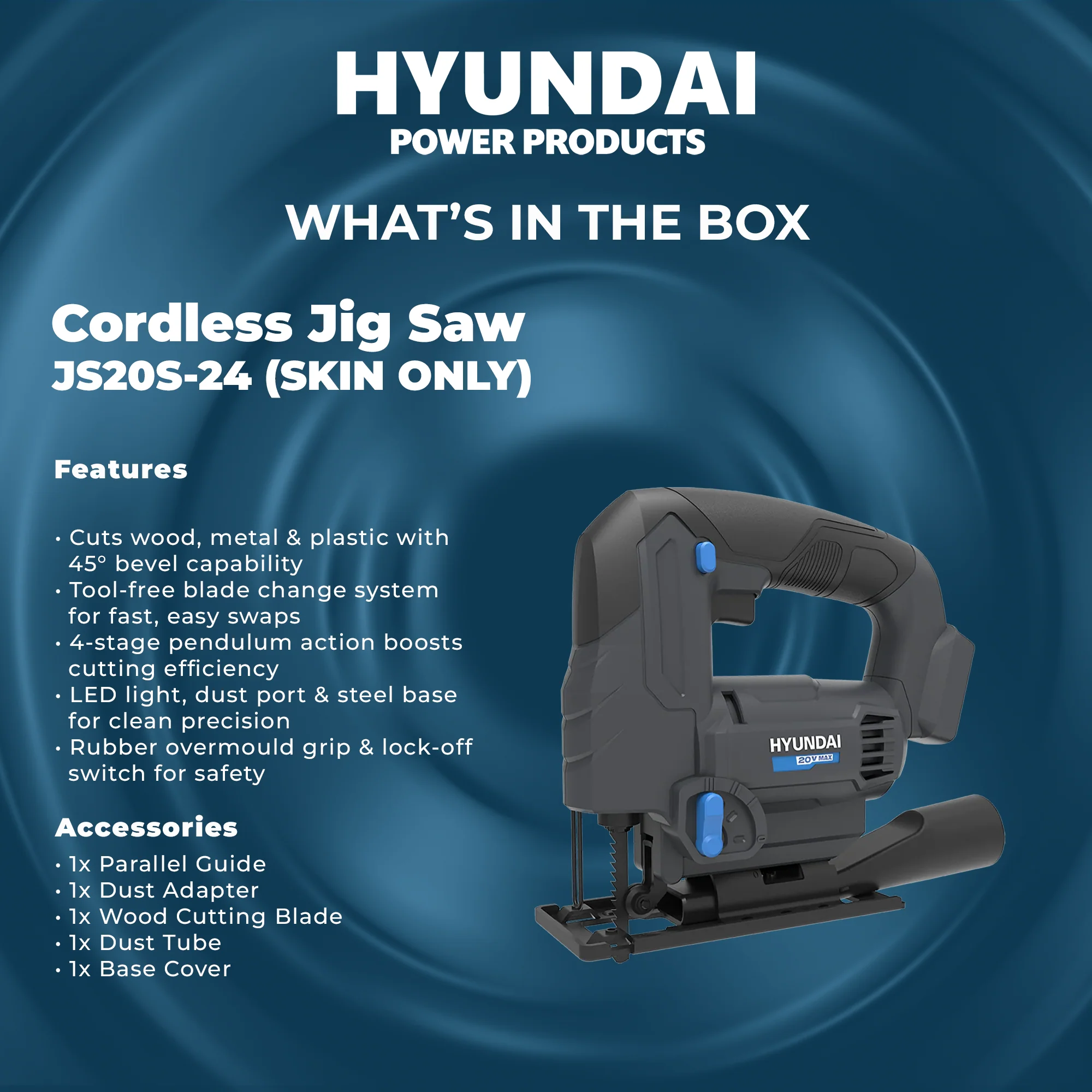 Hyundai 20V Cordless Jigsaw – Variable Speed, Tool-Free Blade, 45° Bevel, Dust Adapter - SKIN ONLY (JS20S-24) - Image 5