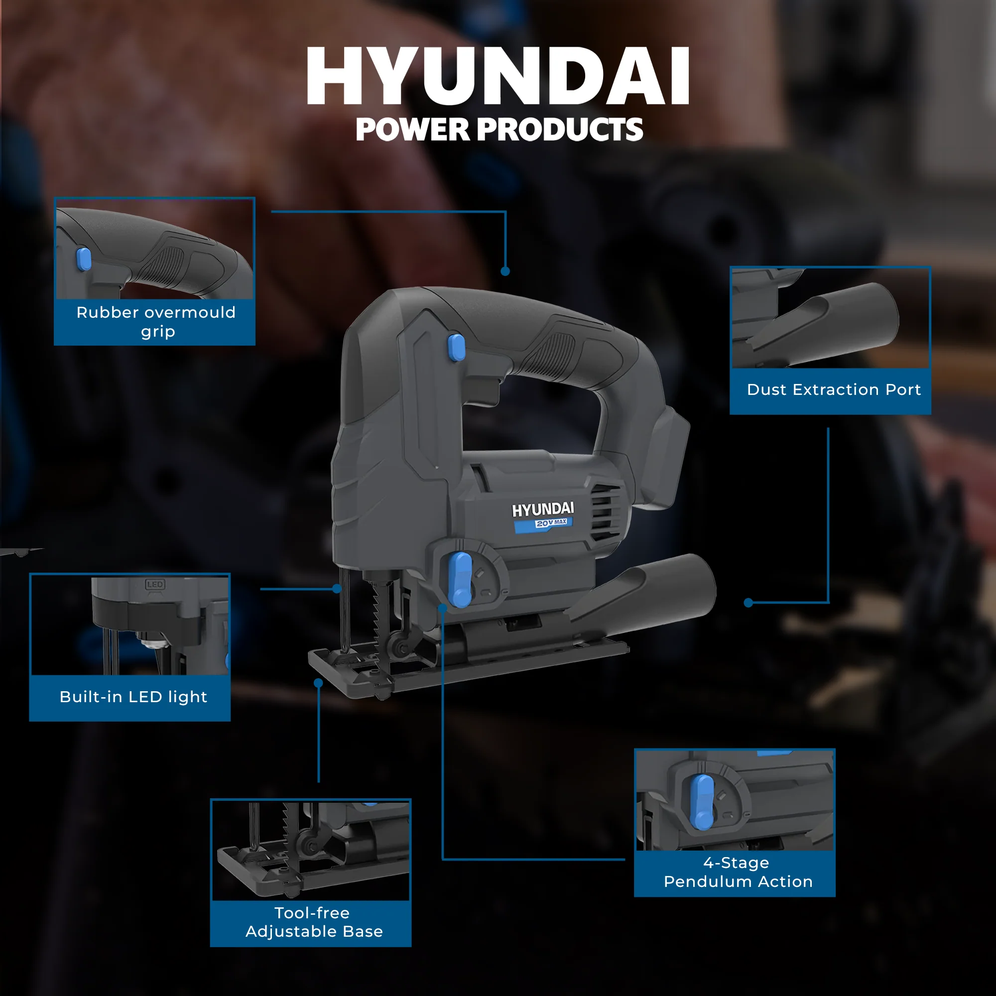 Hyundai 20V Cordless Jigsaw – Variable Speed, Tool-Free Blade, 45° Bevel, Dust Adapter - SKIN ONLY (JS20S-24) - Image 6