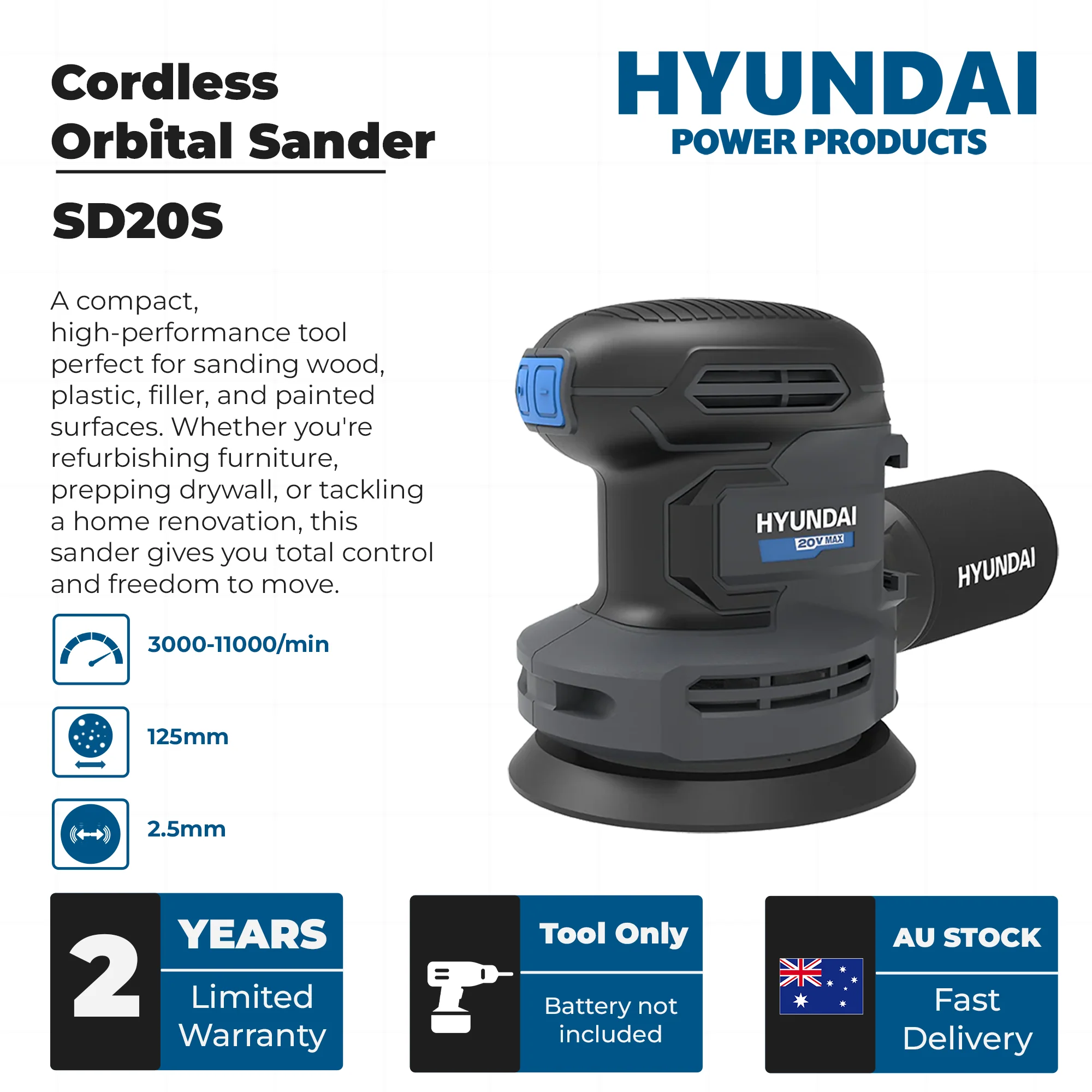Hyundai 20V Cordless Orbital Sander – 5” Pad, Dust Collection, Variable Speed Control – SKIN ONLY (SD20S) - Image 3