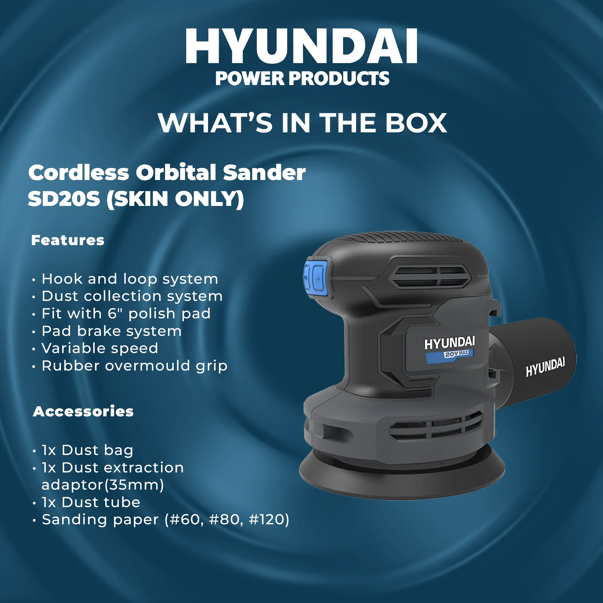 Hyundai 20V Cordless Orbital Sander – 5” Pad, Dust Collection, Variable Speed Control – SKIN ONLY (SD20S) - Image 4