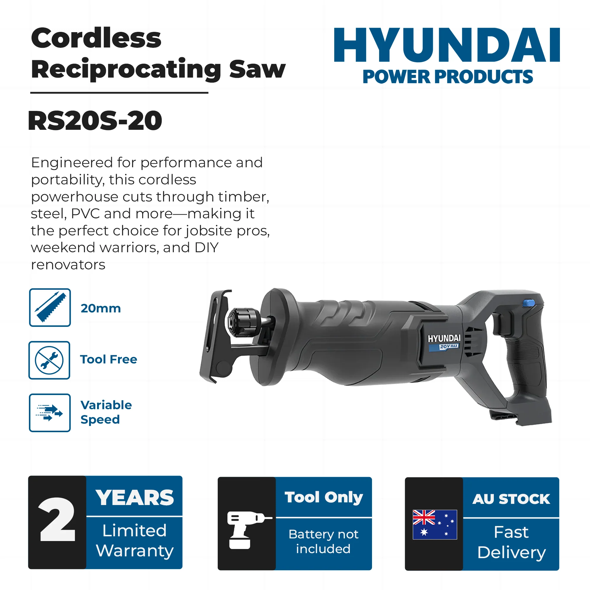 Hyundai 20V Cordless Reciprocating Saw – 100mm Wood Cut, Tool-Free Blade Change, Variable Speed - SKIN ONLY (RS20S-20) - Image 3