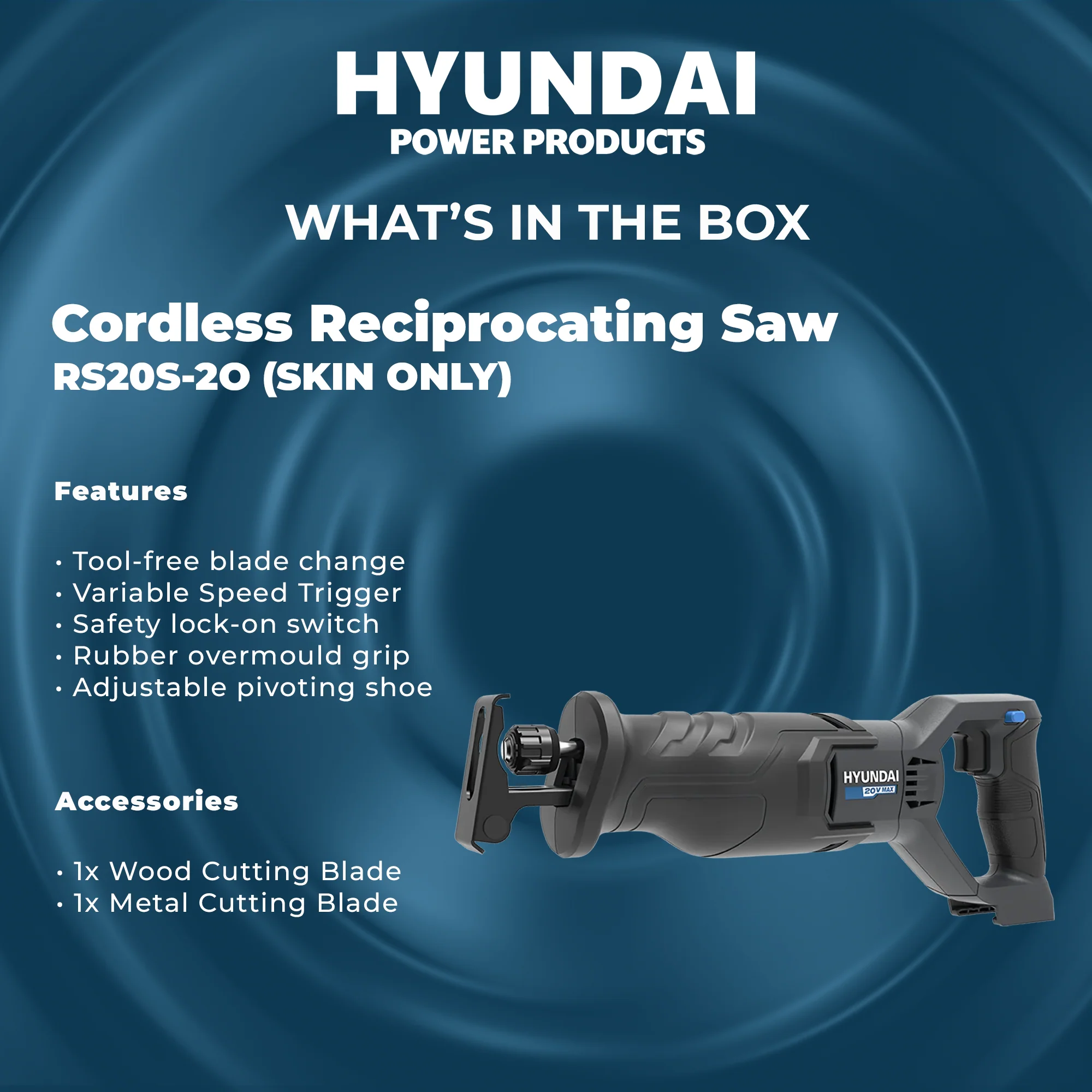 Hyundai 20V Cordless Reciprocating Saw – 100mm Wood Cut, Tool-Free Blade Change, Variable Speed - SKIN ONLY (RS20S-20) - Image 5