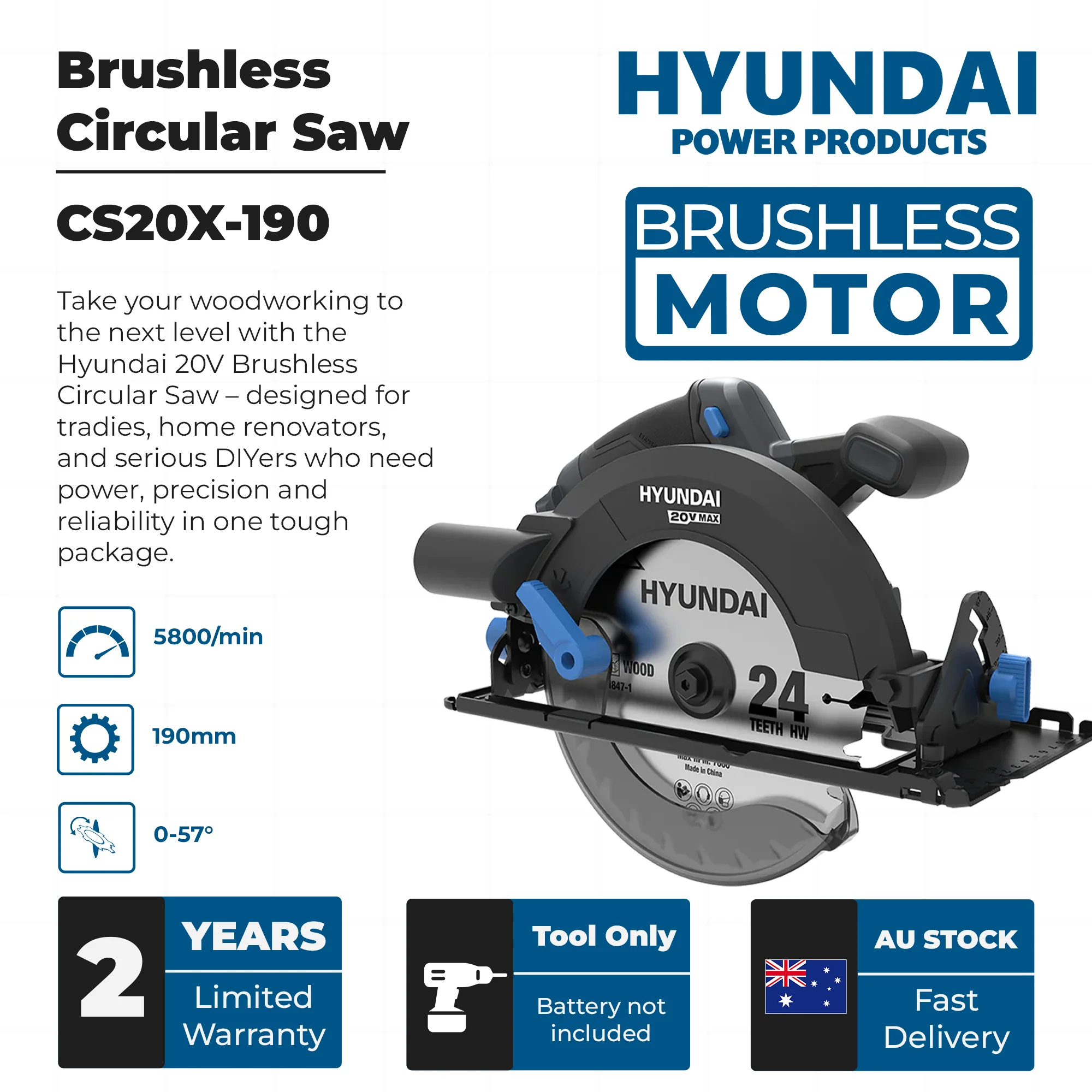 Hyundai 20V Brushless Circular Saw – 190mm Blade, 67.5mm Cut Depth - SKIN ONLY (CS20X-190) - Image 3