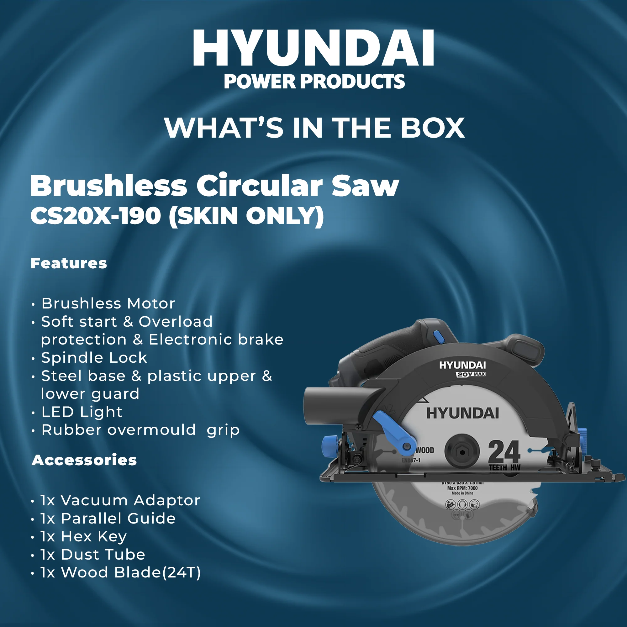 Hyundai 20V Brushless Circular Saw – 190mm Blade, 67.5mm Cut Depth - SKIN ONLY (CS20X-190) - Image 6