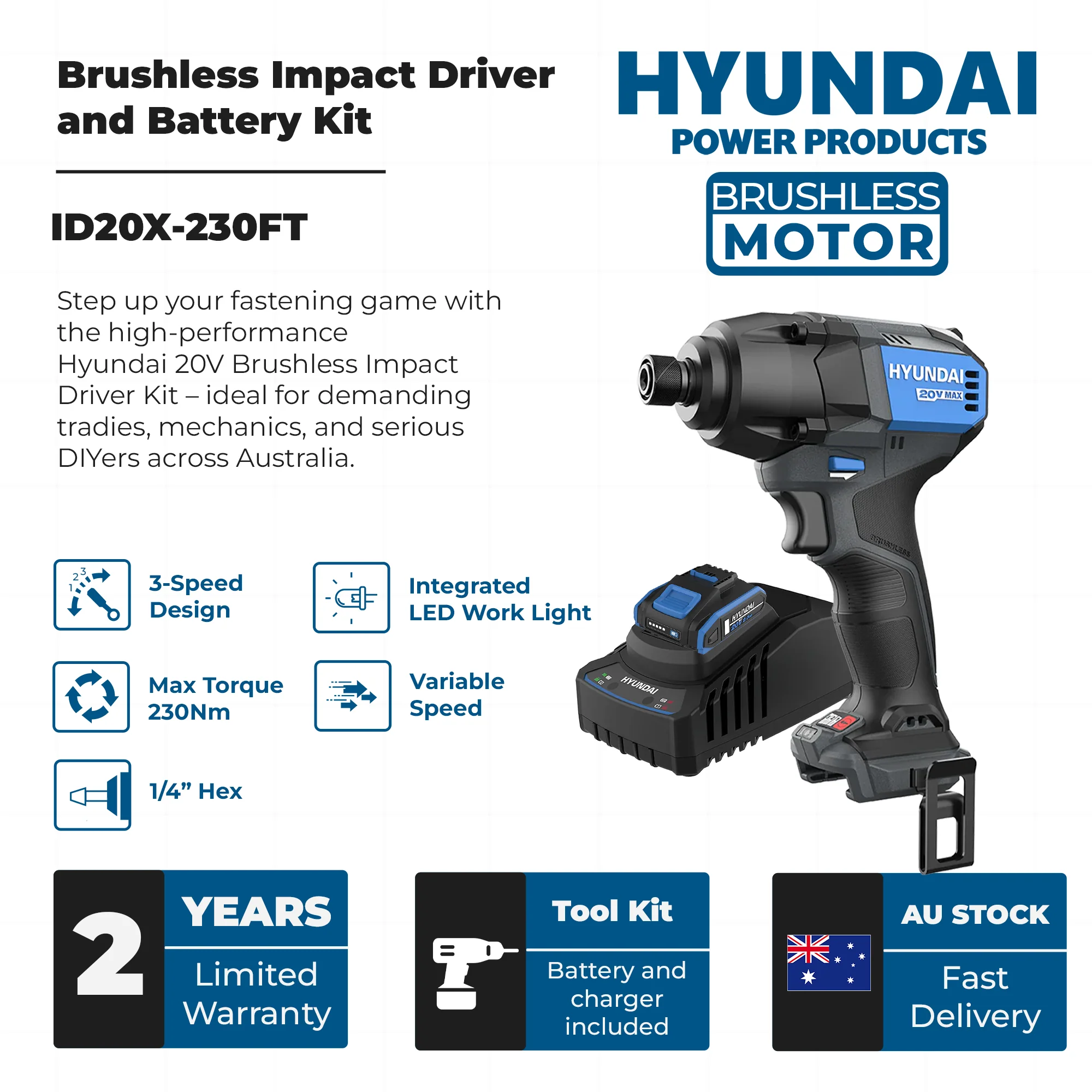 Hyundai 20V Brushless Impact Driver Kit – 230Nm, 3-Speed, LED, 4Ah Battery & Charger (ID20X-230FT) - Image 3
