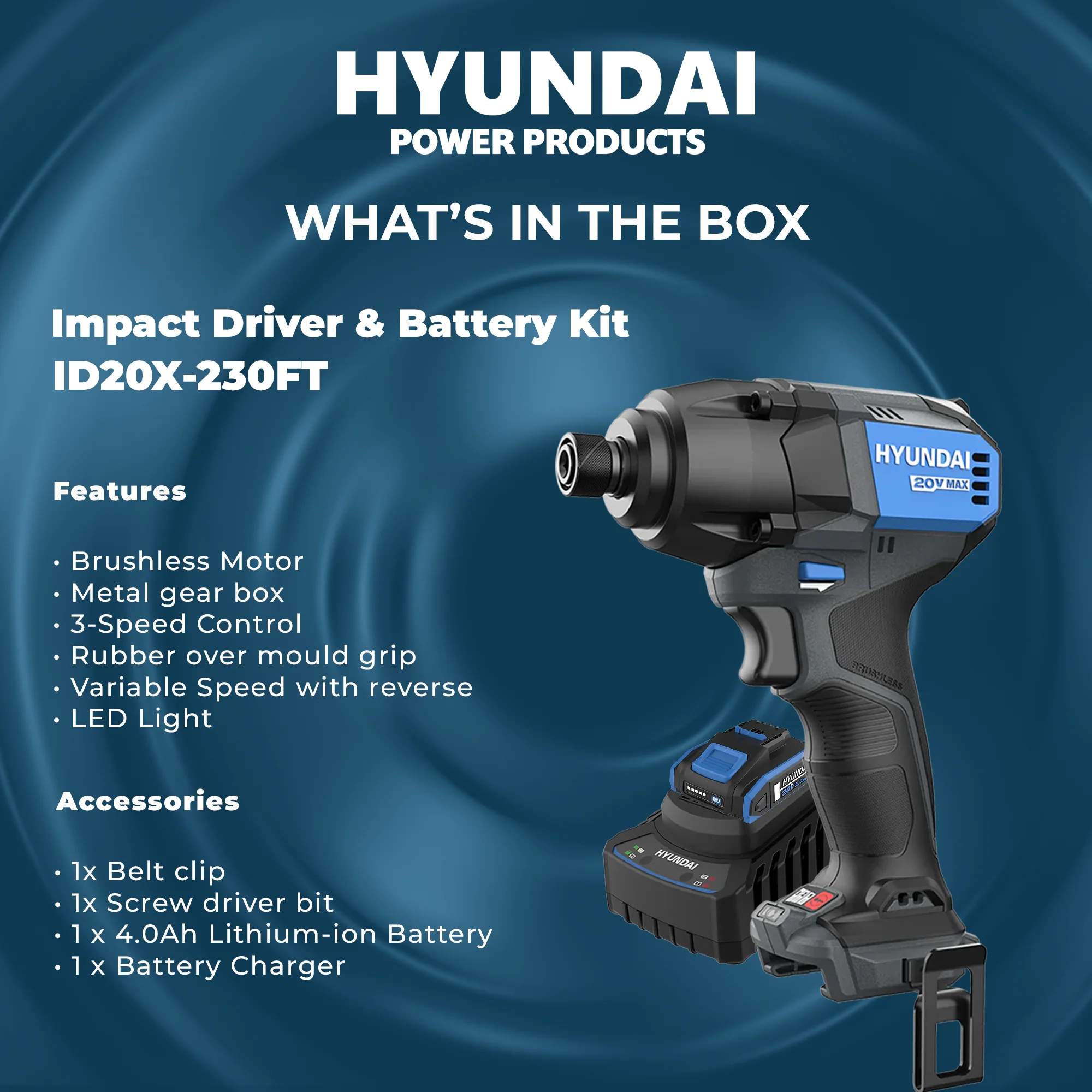 Hyundai 20V Brushless Impact Driver Kit – 230Nm, 3-Speed, LED, 4Ah Battery & Charger (ID20X-230FT) - Image 5