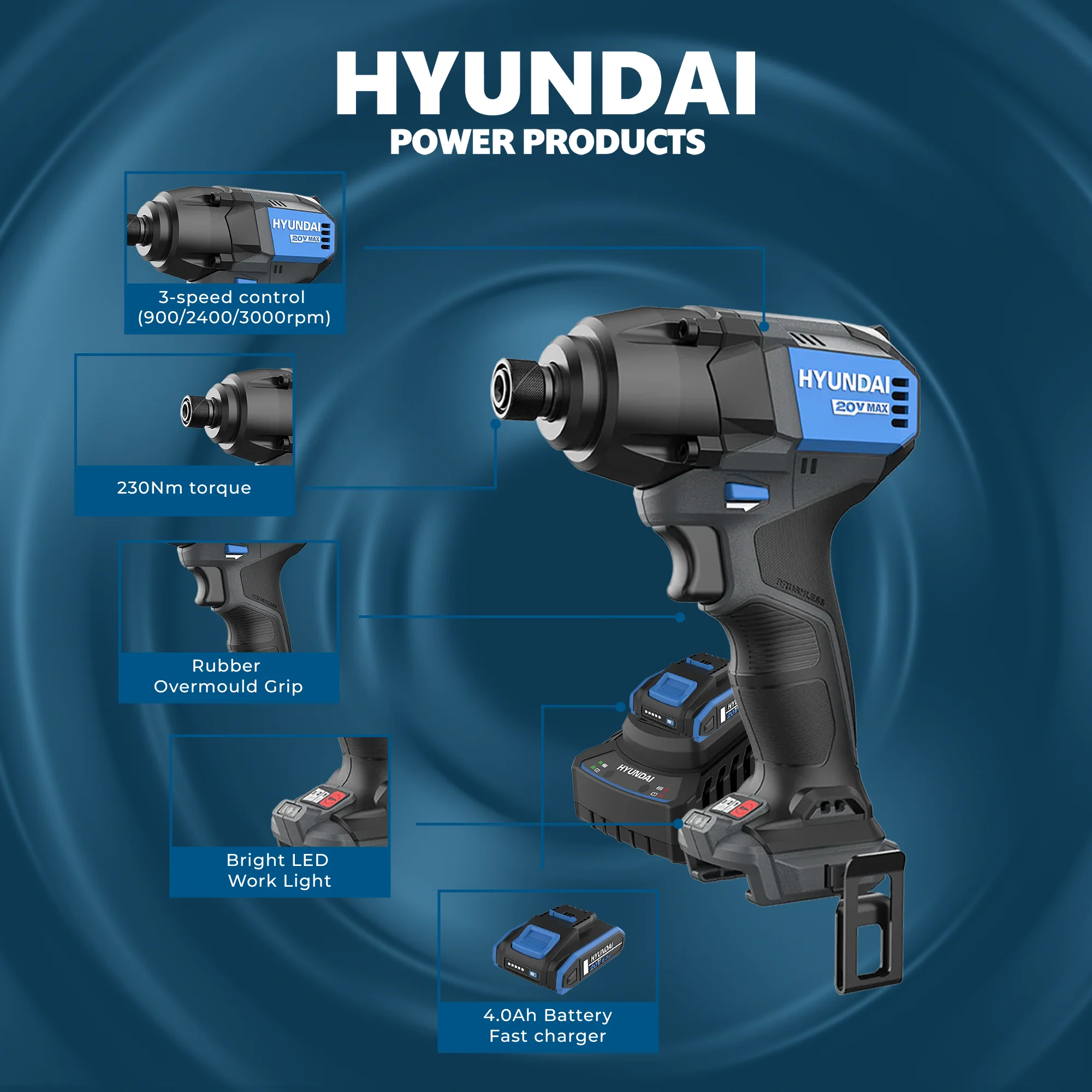 Hyundai 20V Brushless Impact Driver Kit – 230Nm, 3-Speed, LED, 4Ah Battery & Charger (ID20X-230FT) - Image 6