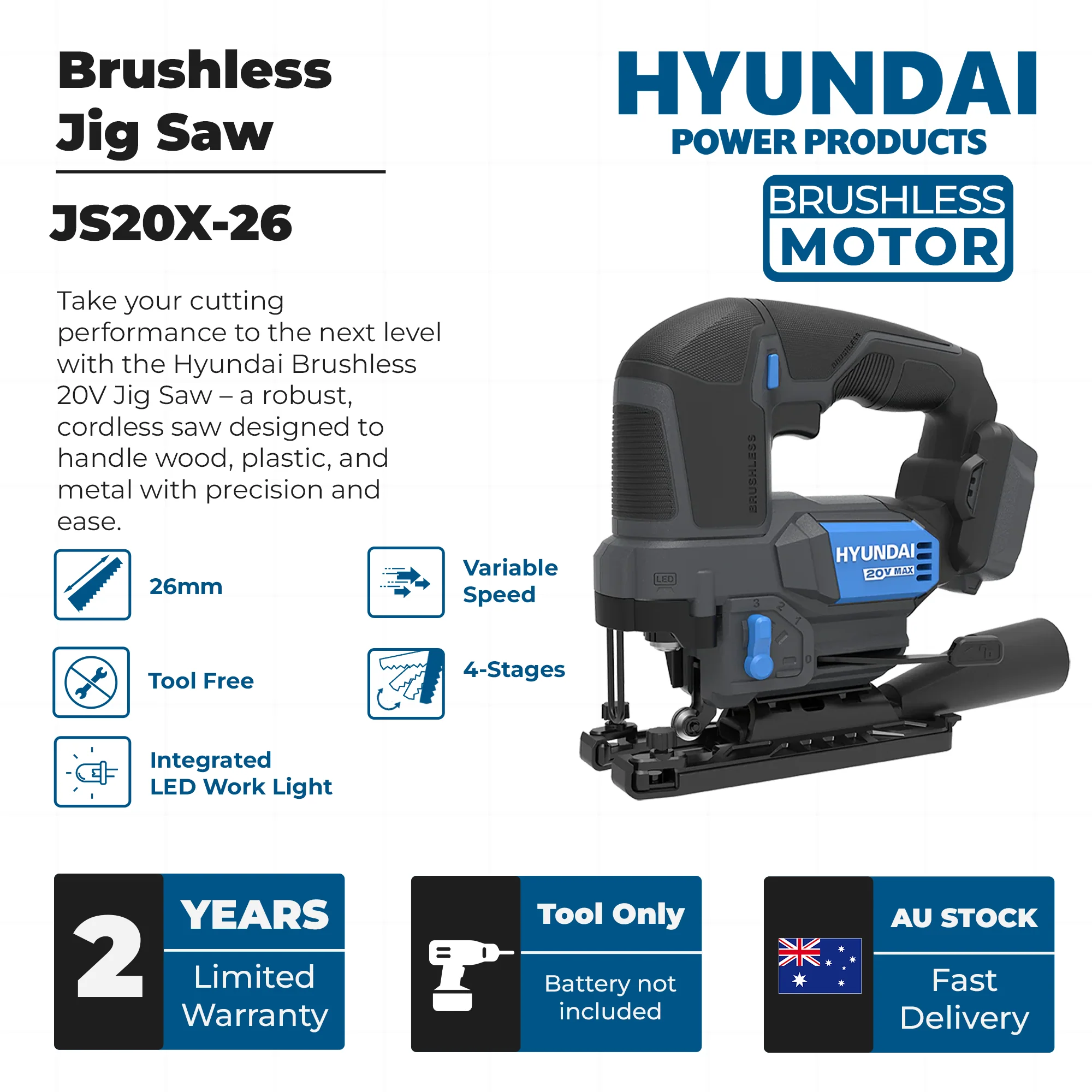 Hyundai 20V Brushless Jig Saw – Adjustable Base, 4-Stage Pendulum, LED, Variable Speed - SKIN ONLY (JS20X-26) - Image 3