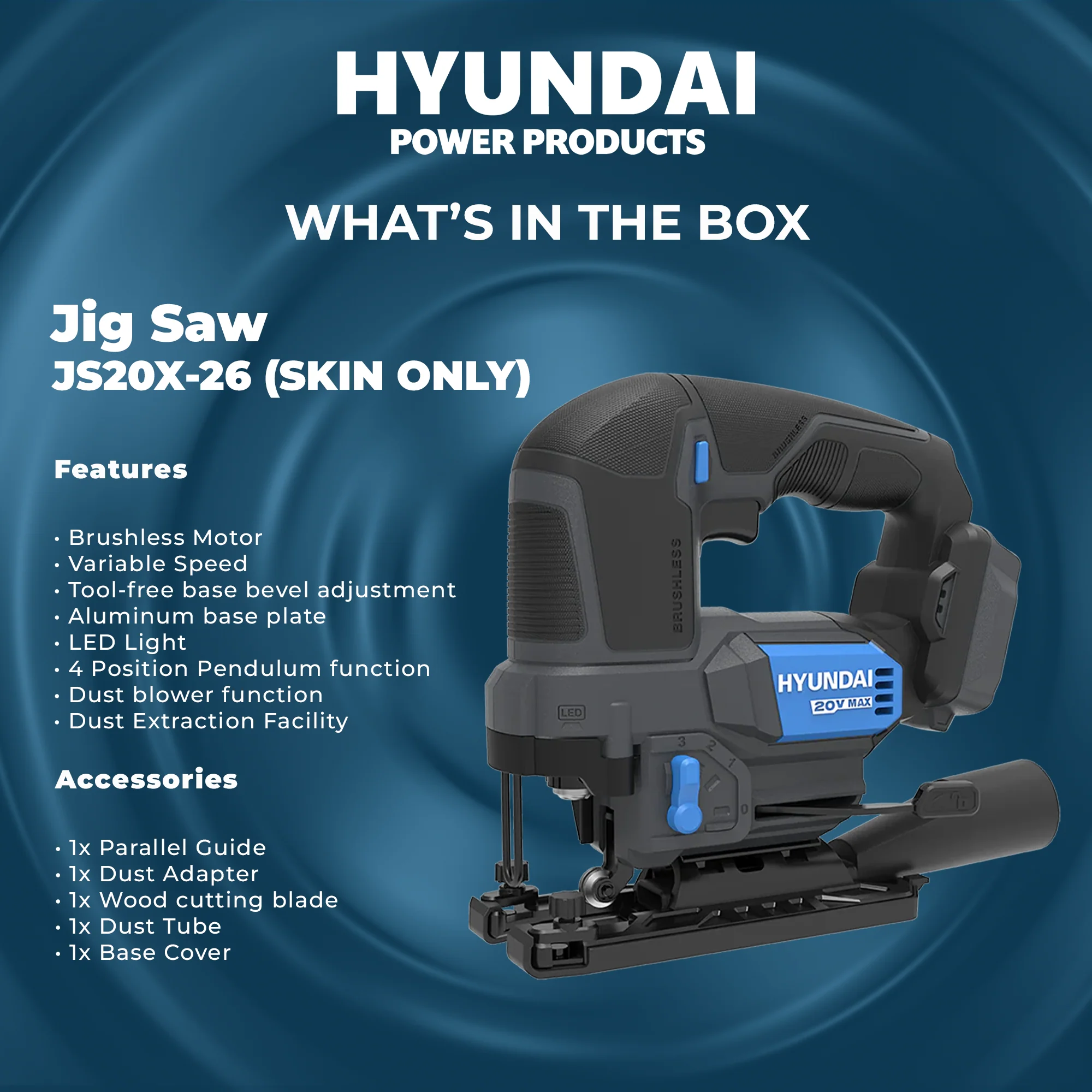 Hyundai 20V Brushless Jig Saw – Adjustable Base, 4-Stage Pendulum, LED, Variable Speed - SKIN ONLY (JS20X-26) - Image 5