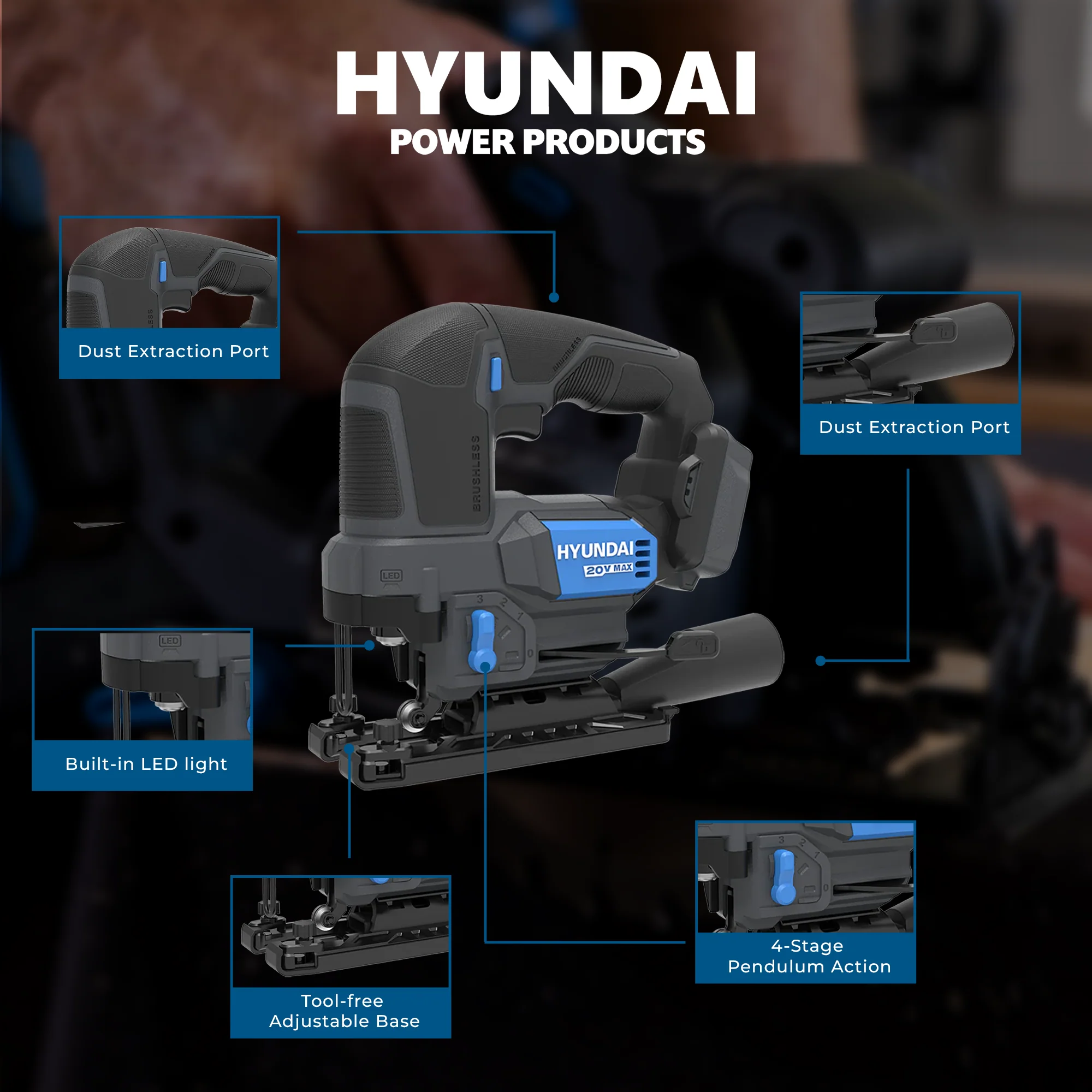 Hyundai 20V Brushless Jig Saw – Adjustable Base, 4-Stage Pendulum, LED, Variable Speed - SKIN ONLY (JS20X-26) - Image 8