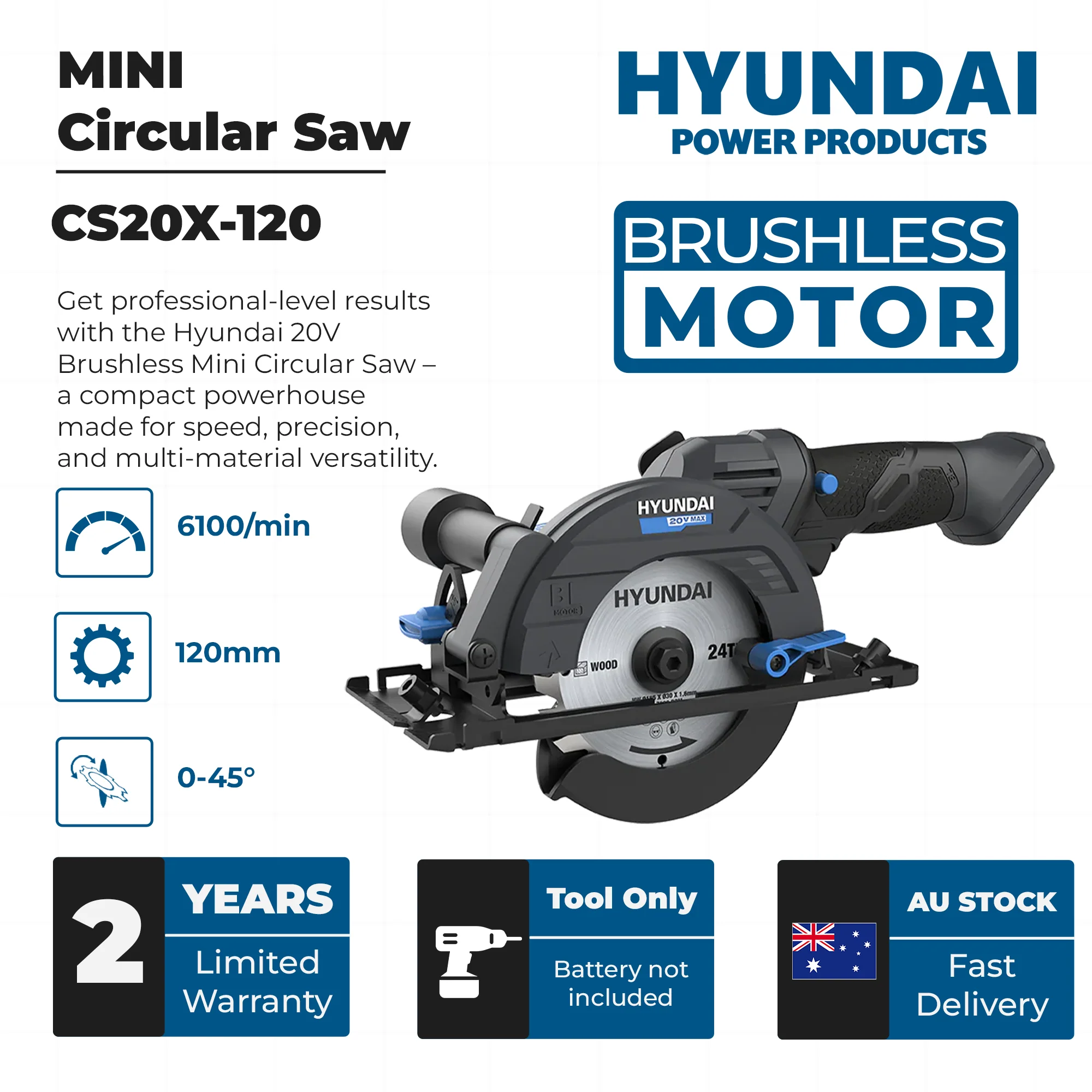 Hyundai 20V Brushless Mini Circular Saw – 120mm Blade, 41mm Cut Depth - SKIN ONLY (CS20X-120) - Image 3