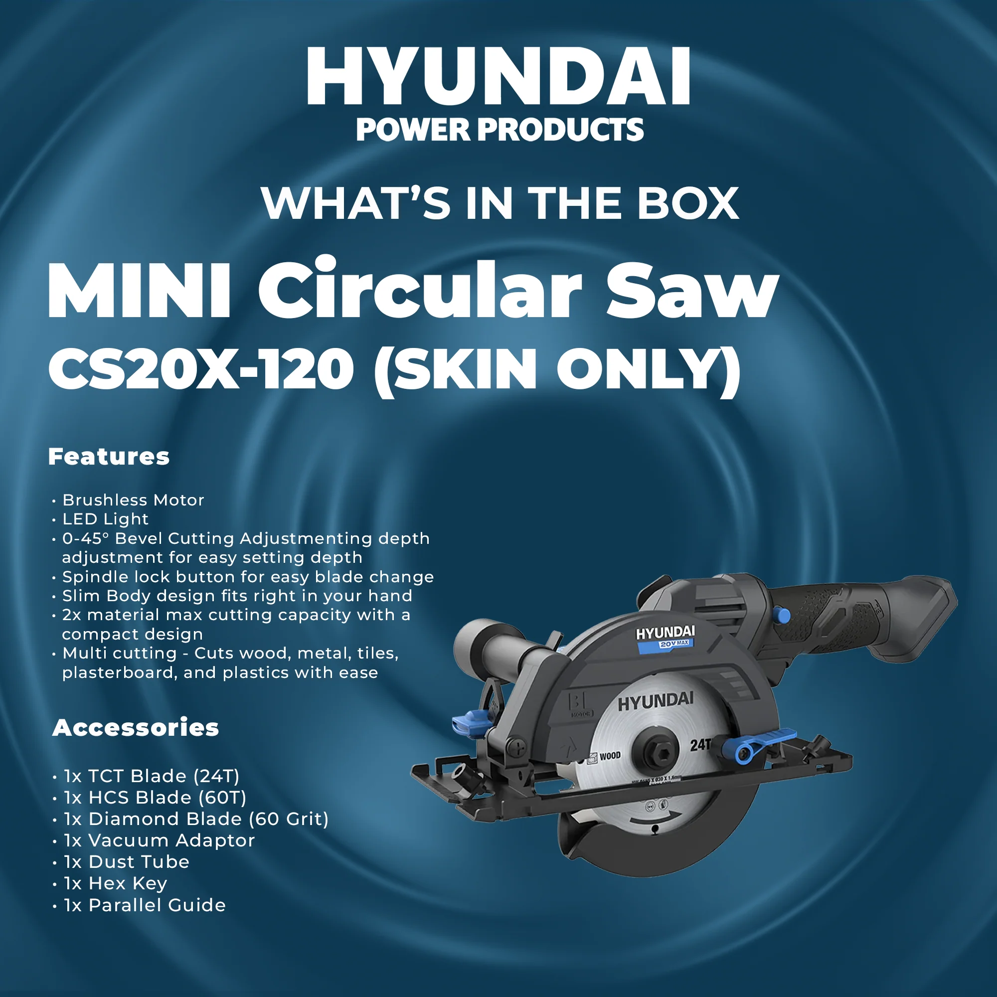 Hyundai 20V Brushless Mini Circular Saw – 120mm Blade, 41mm Cut Depth - SKIN ONLY (CS20X-120) - Image 6