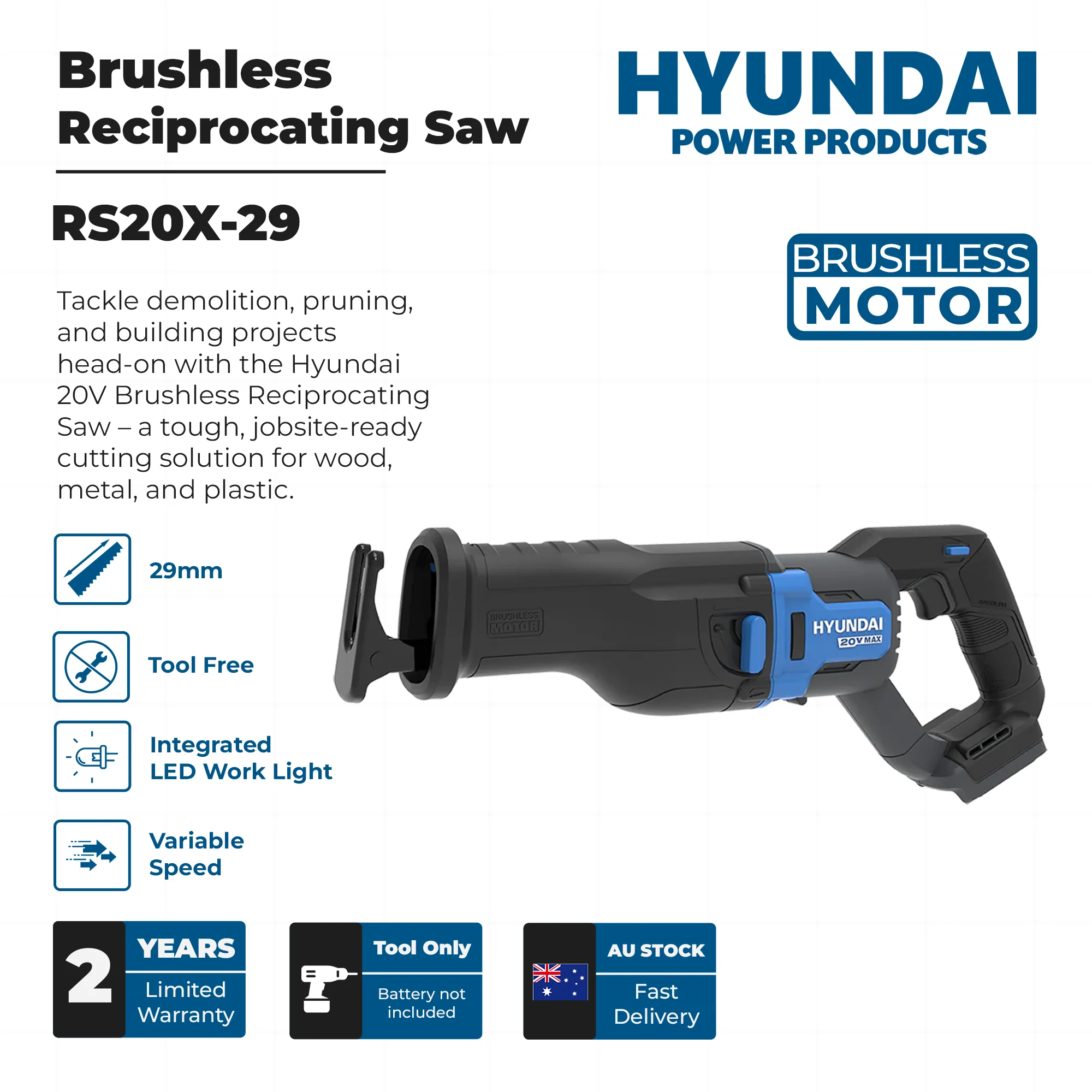 Hyundai 20V Brushless Reciprocating Saw – 300mm Cut, Tool-Free Blade Change - SKIN ONLY (RS20X-29) - Image 3