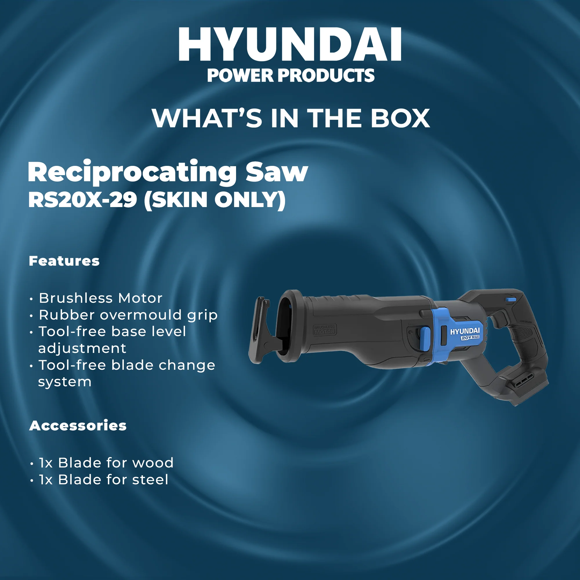 Hyundai 20V Brushless Reciprocating Saw – 300mm Cut, Tool-Free Blade Change - SKIN ONLY (RS20X-29) - Image 5