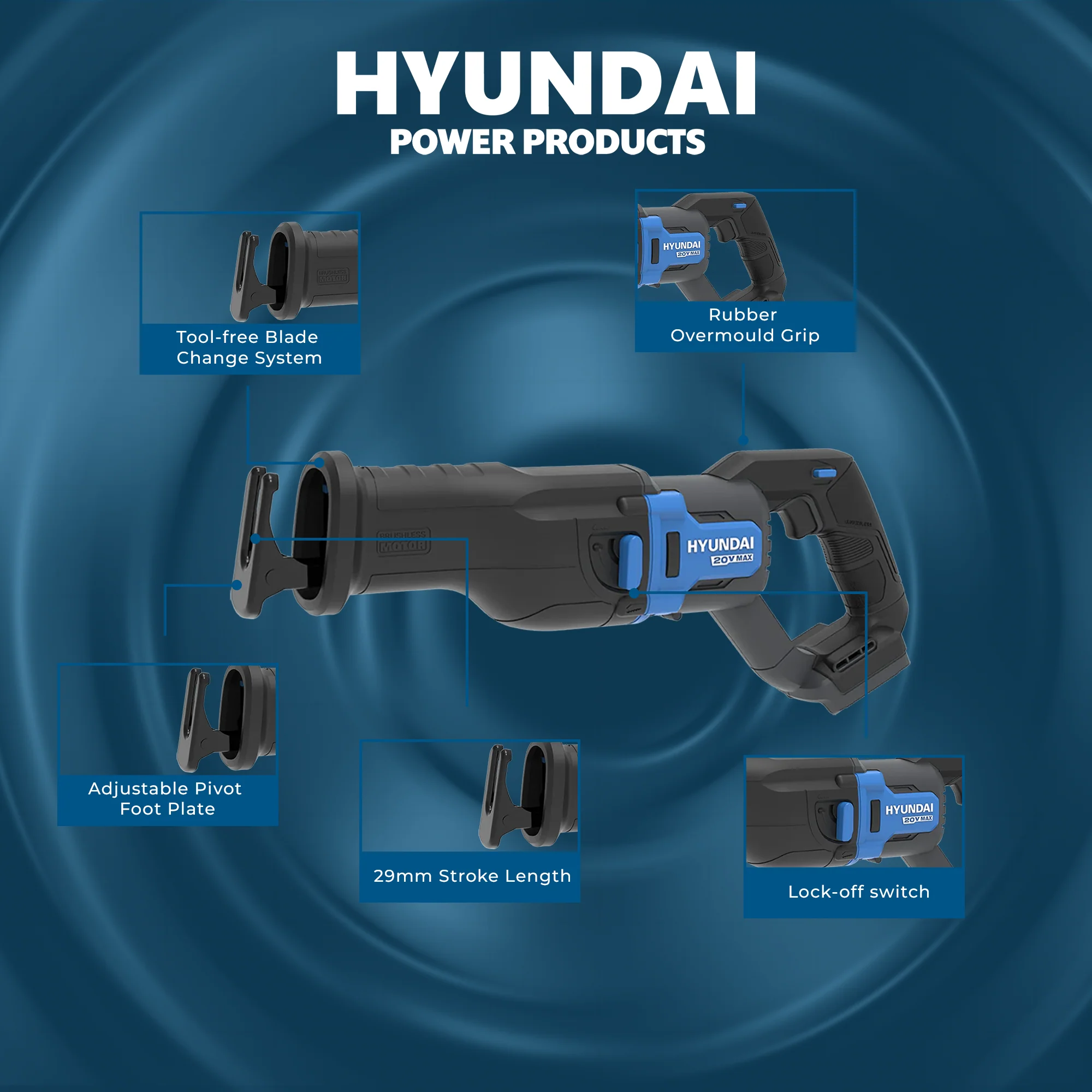 Hyundai 20V Brushless Reciprocating Saw – 300mm Cut, Tool-Free Blade Change - SKIN ONLY (RS20X-29) - Image 6