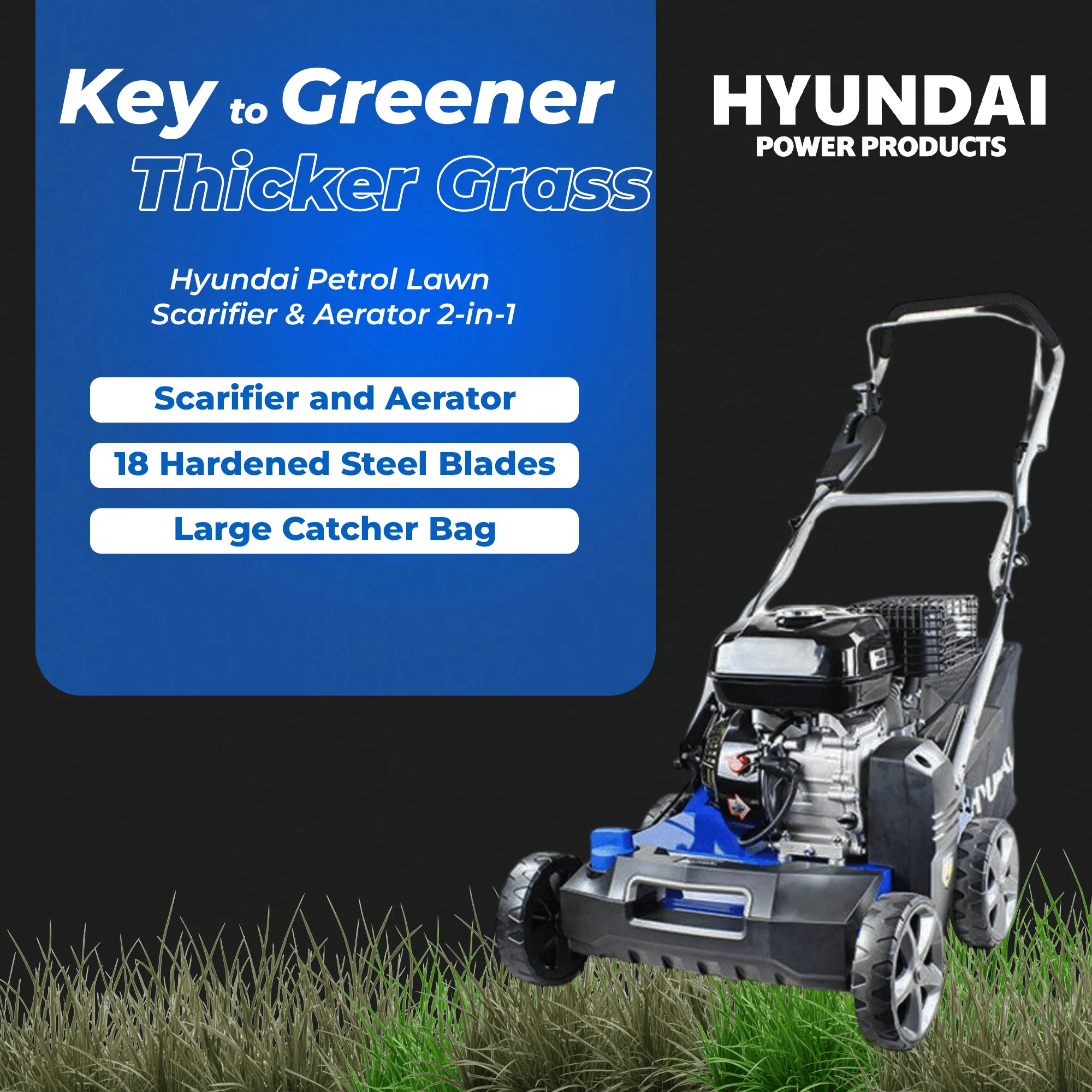 Hyundai Petrol Lawn Scarifier & Aerator 2-in-1 – 212cc Engine, 400mm Width, 45L Catcher. (HYSC210) - Image 3