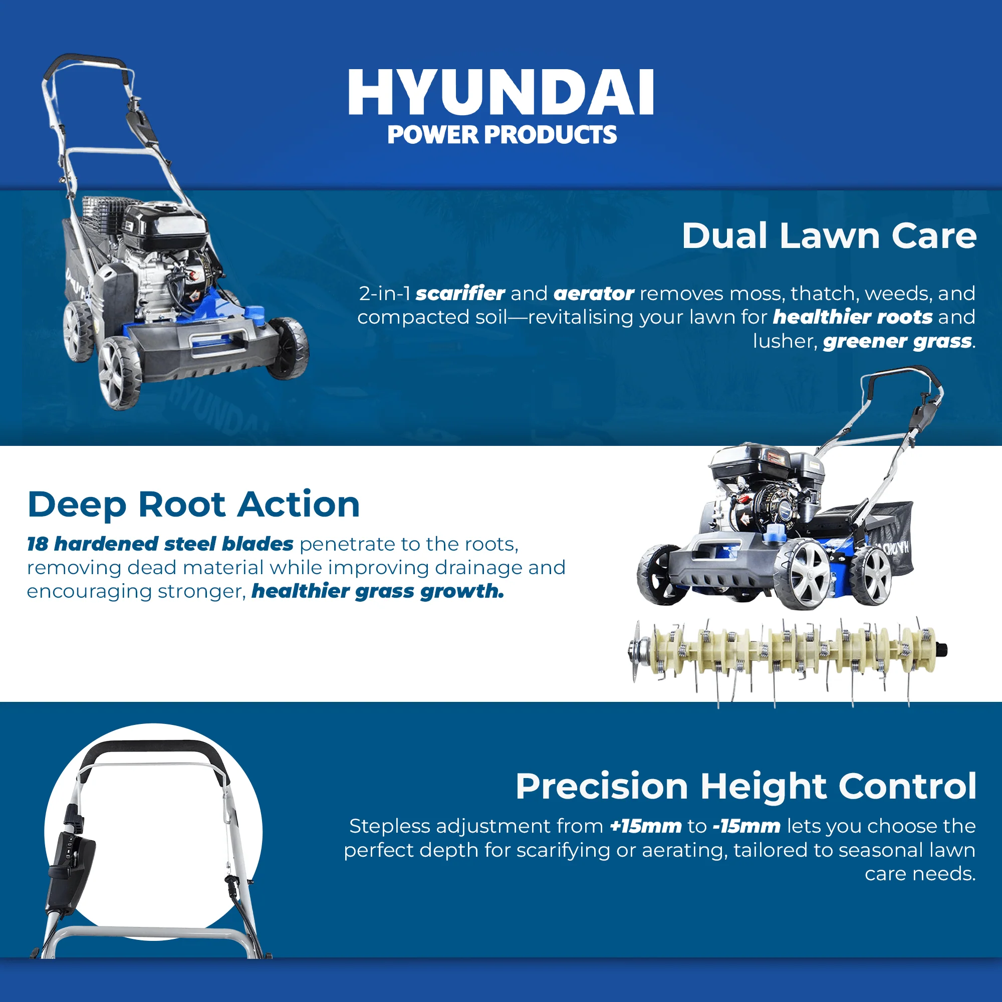Hyundai Petrol Lawn Scarifier & Aerator 2-in-1 – 212cc Engine, 400mm Width, 45L Catcher. (HYSC210) - Image 4