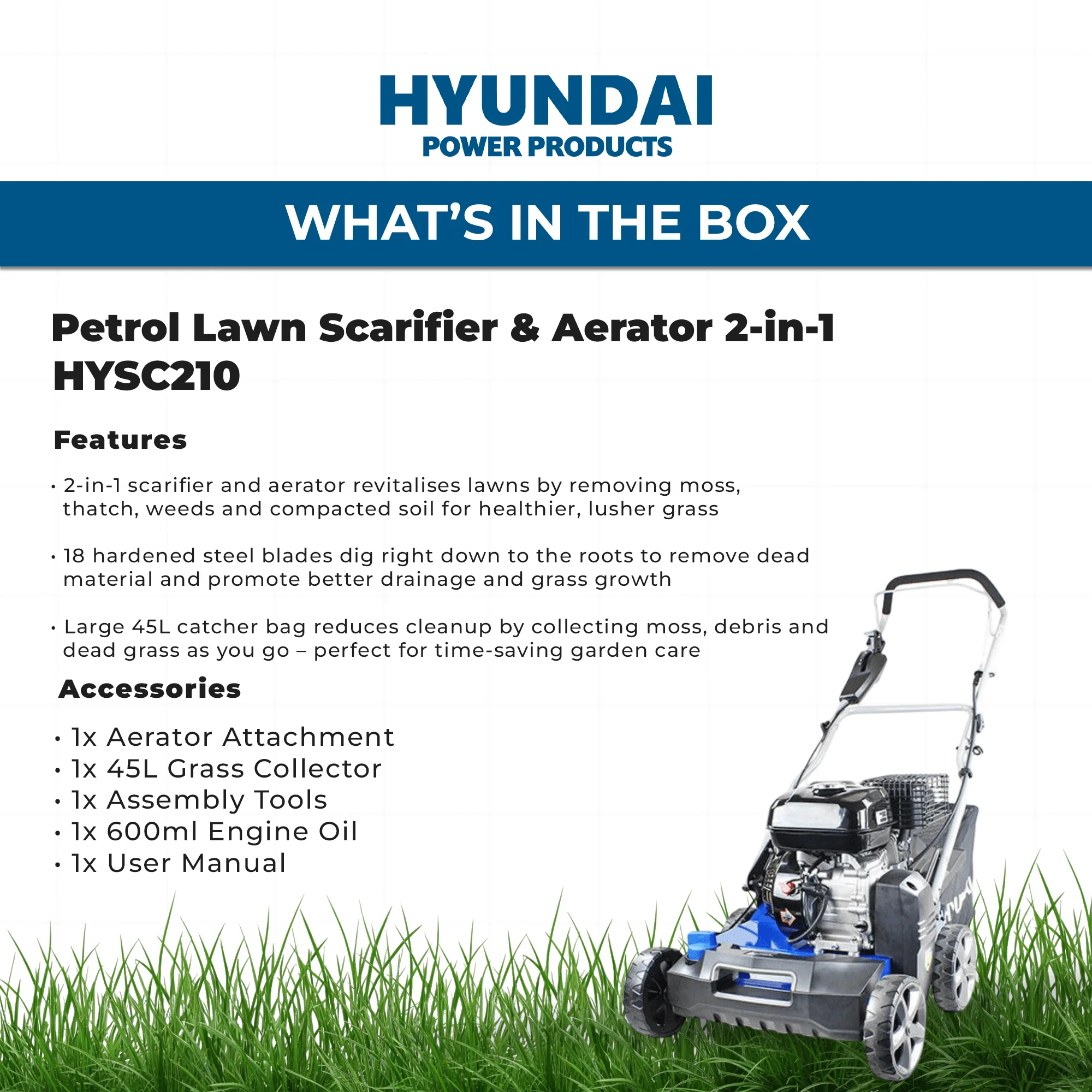 Hyundai Petrol Lawn Scarifier & Aerator 2-in-1 – 212cc Engine, 400mm Width, 45L Catcher. (HYSC210) - Image 6