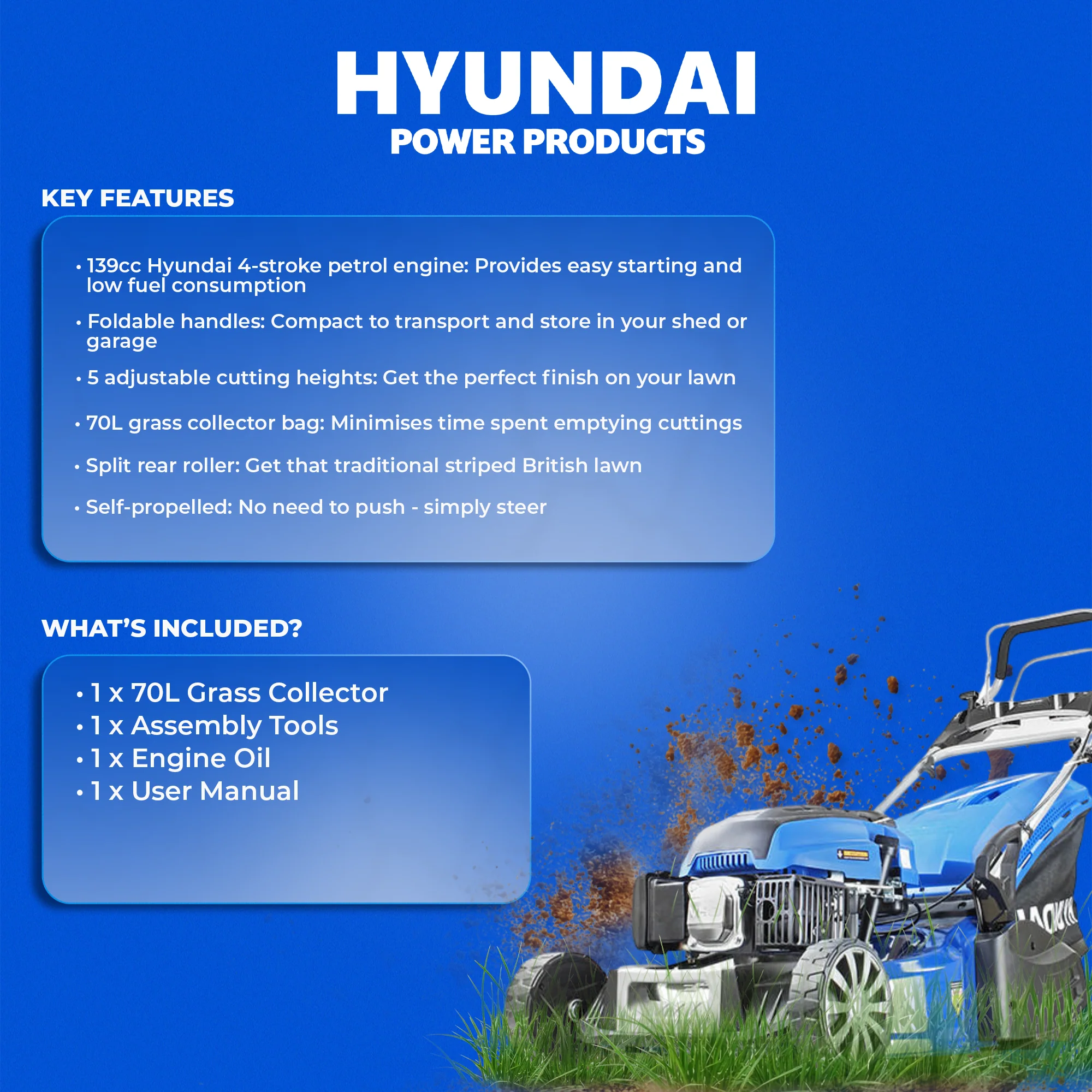 Hyundai 19” Self-Propelled Petrol Roller Lawn Mower – 48cm Roller, 139cc Power, Striping Finish | HYM480SPR - Image 6