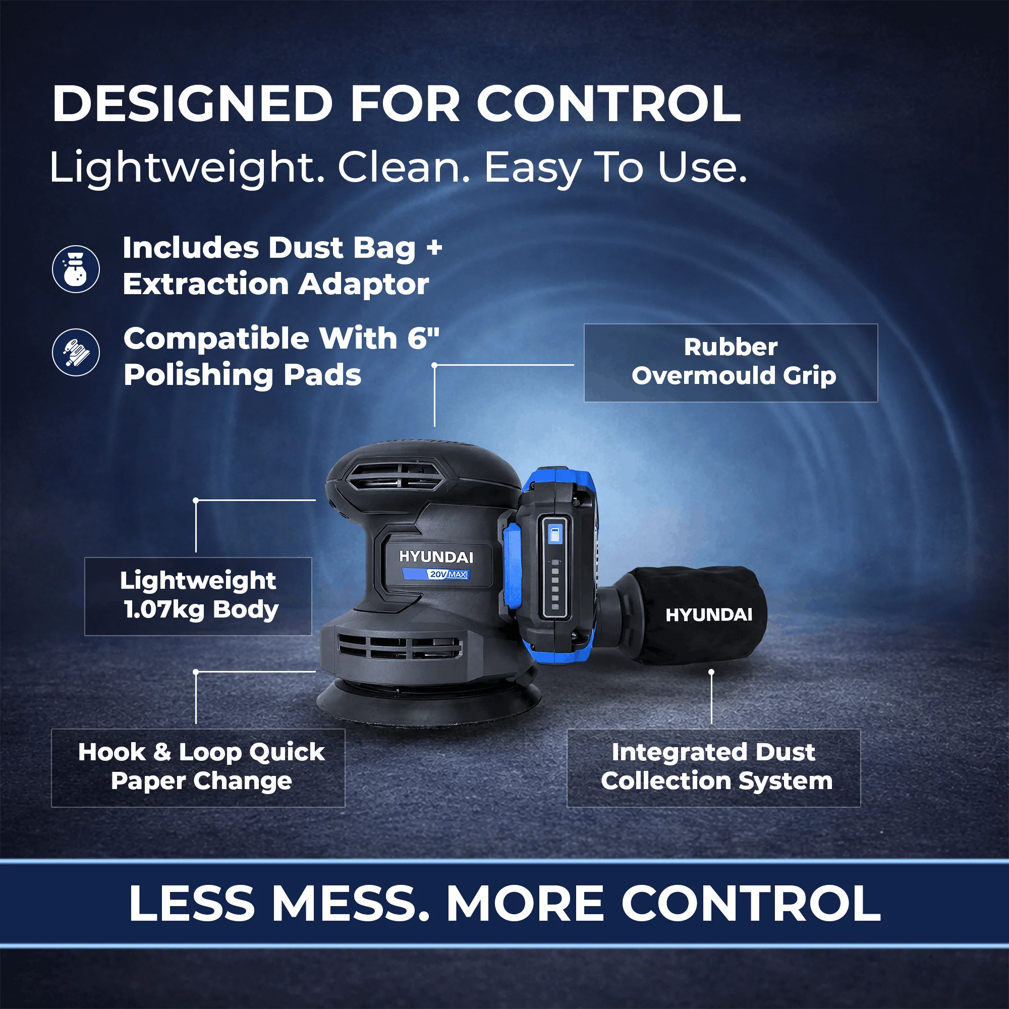 Hyundai 20V Cordless Orbital Sander – 5” Pad, Dust Collection, Variable Speed Control – SKIN ONLY (SD20S) - Image 5