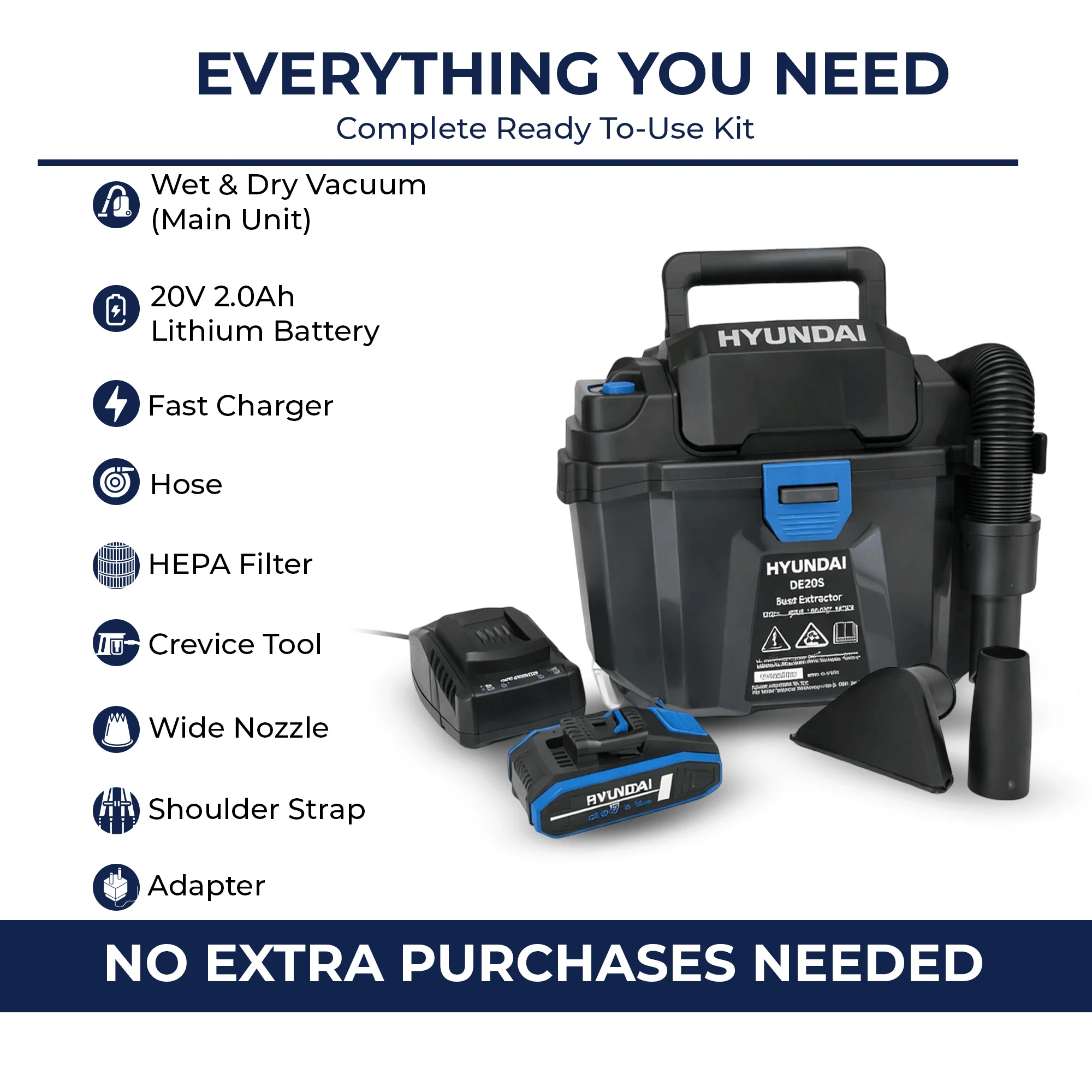 Hyundai 20V Wet & Dry Vacuum Kit – 10L Powerful Suction Car, Garage & Workshop Cleaning (DE20S/B120-2/2C20-2) - Image 4