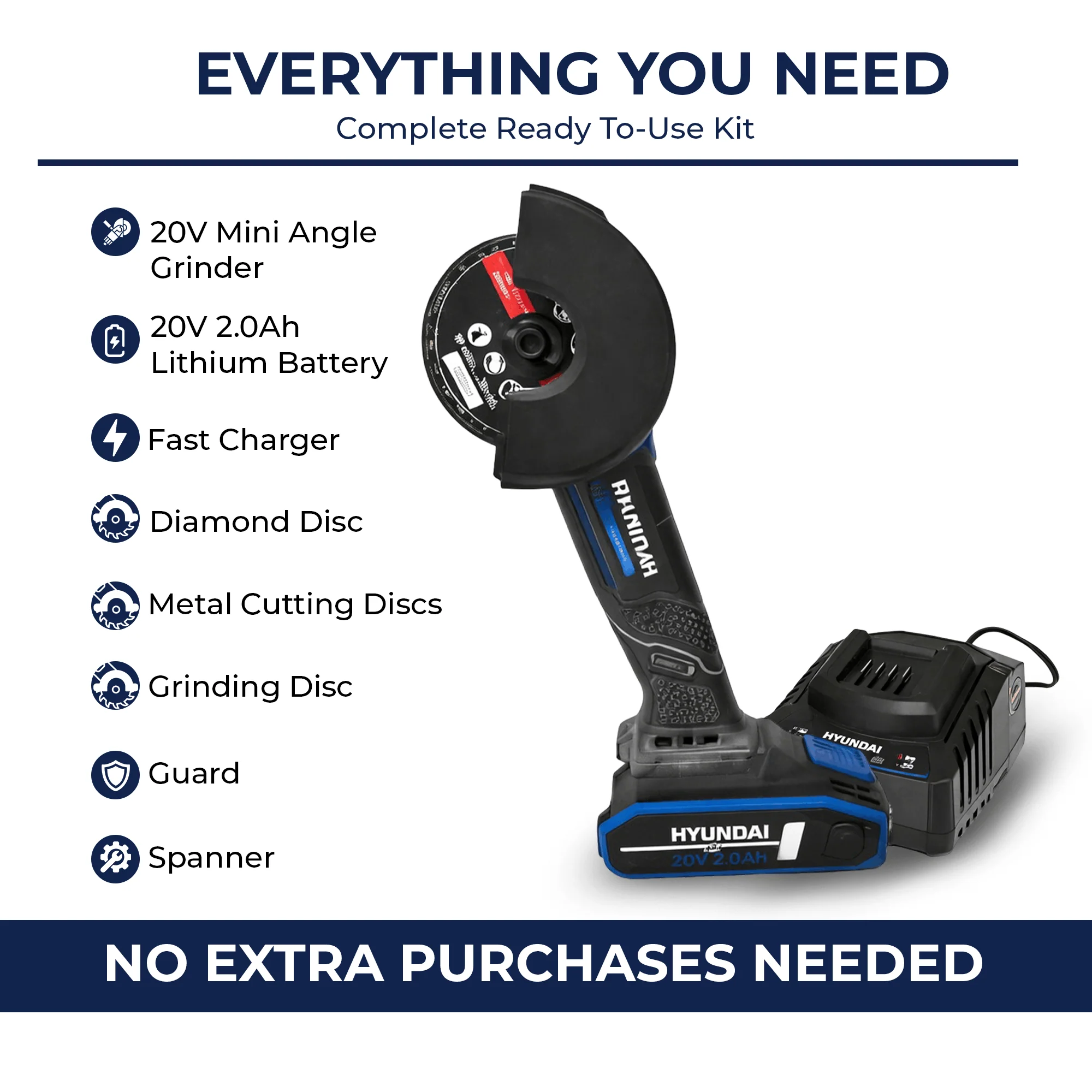 HYUNDAI 20V Cordless Angle Grinder Kit – Cut Metal, Tile & Bolts Anywhere | Includes 2.0Ah Battery + Charger (AG20S-76/B120-2/C20-2) - Image 4
