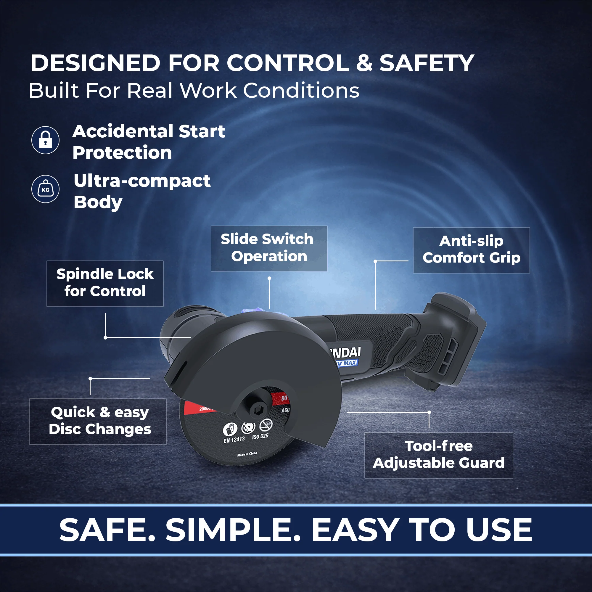 HYUNDAI 20V Cordless Angle Grinder Kit – Cut Metal, Tile & Bolts Anywhere | Includes 2.0Ah Battery + Charger (AG20S-76/B120-2/C20-2) - Image 7