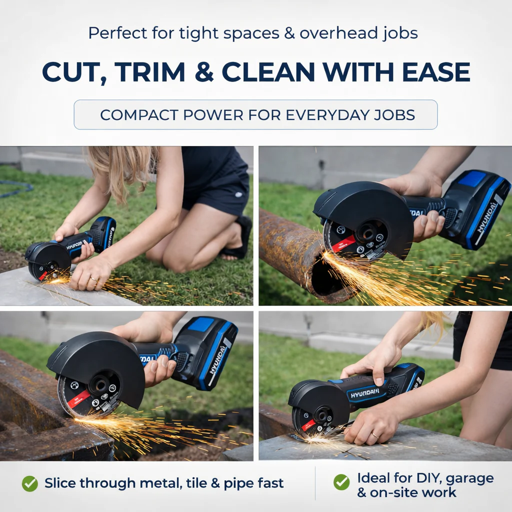 HYUNDAI 20V Cordless Angle Grinder Kit – Cut Metal, Tile & Bolts Anywhere | Includes 2.0Ah Battery + Charger (AG20S-76/B120-2/C20-2) - Image 8