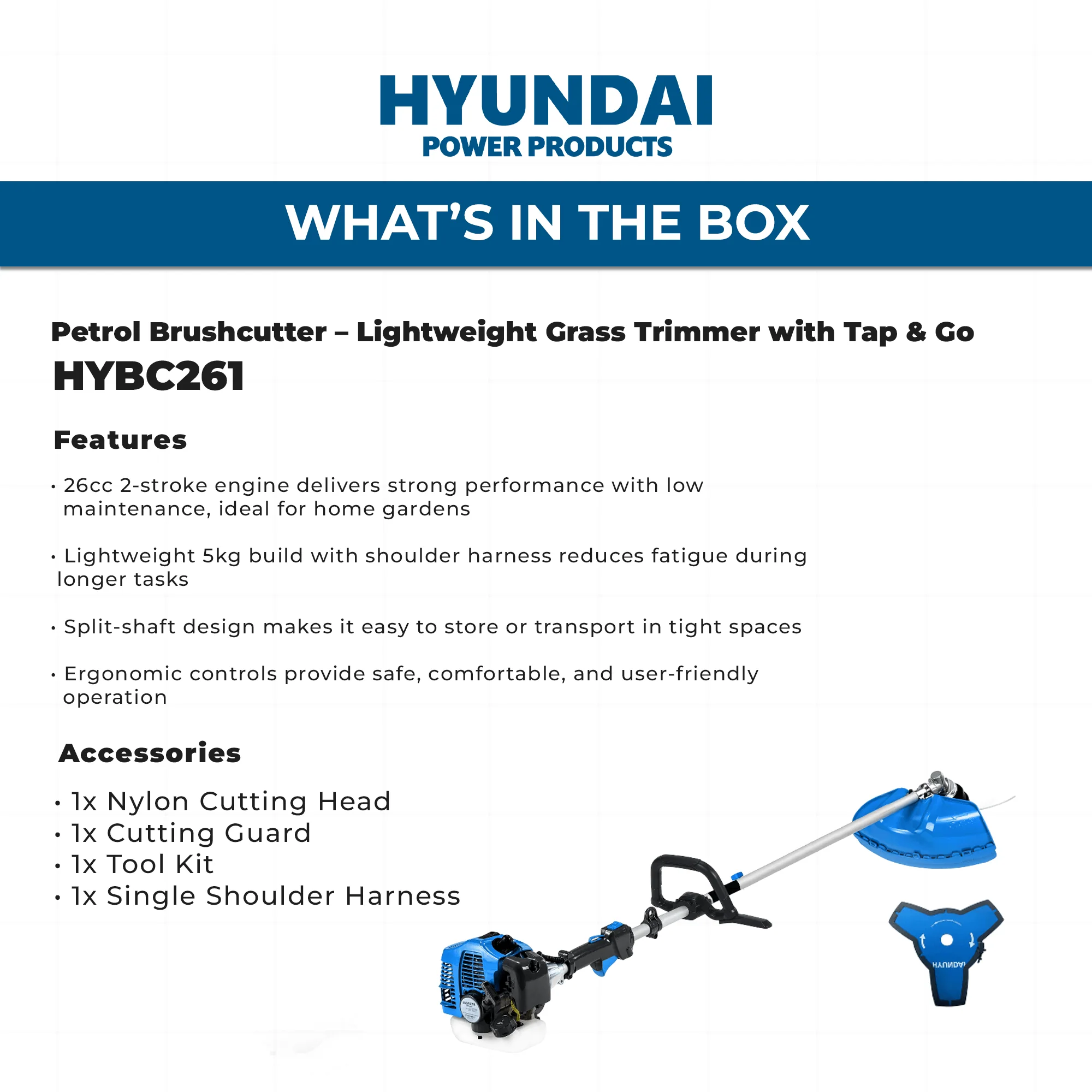 Hyundai 26cc 2-Stroke Petrol Brushcutter – Lightweight Grass Trimmer with Tap & Go Head (HYBC261) - Image 4
