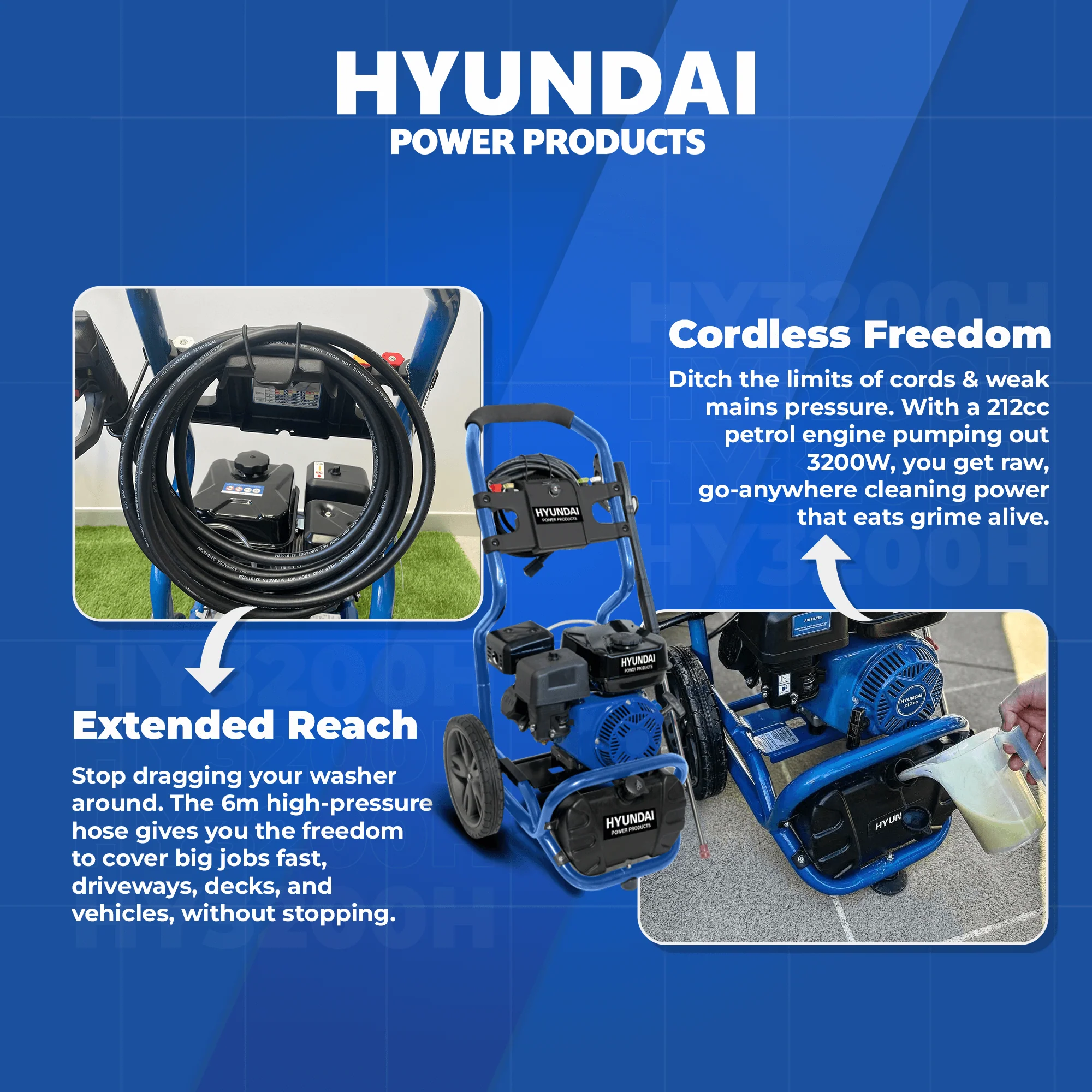 Hyundai 3500 PSI Petrol Pressure Washer – 212cc Engine, 3200W, 6m Hose, 24M Warranty (HY3200H) - Image 5