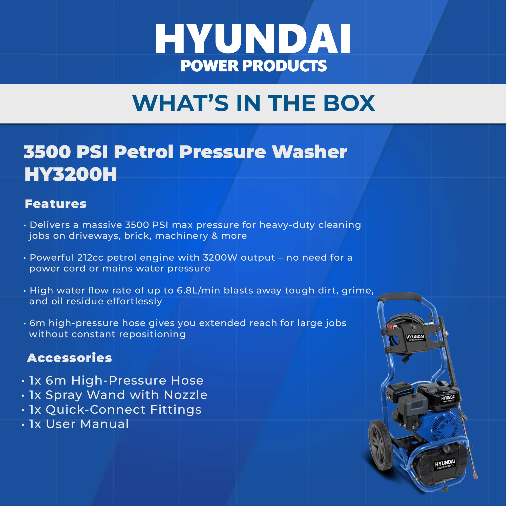 Hyundai 3500 PSI Petrol Pressure Washer – 212cc Engine, 3200W, 6m Hose, 24M Warranty (HY3200H) - Image 6