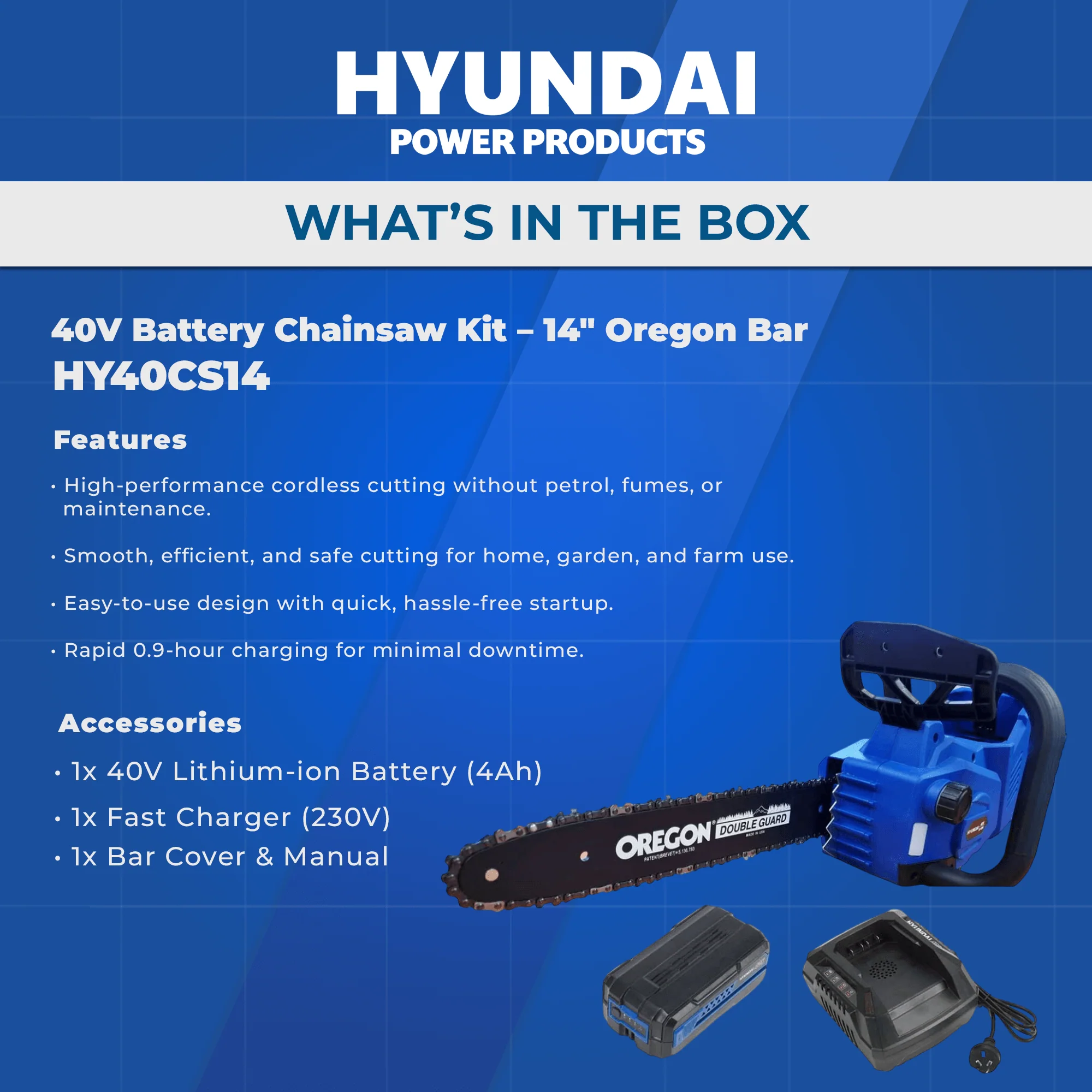 Hyundai 40V Battery Chainsaw Starter Kit – 14" Oregon Bar, 4Ah Battery + Charger, Safe & Eco-Friendly (HY40CS14- STARTER )) - Image 6
