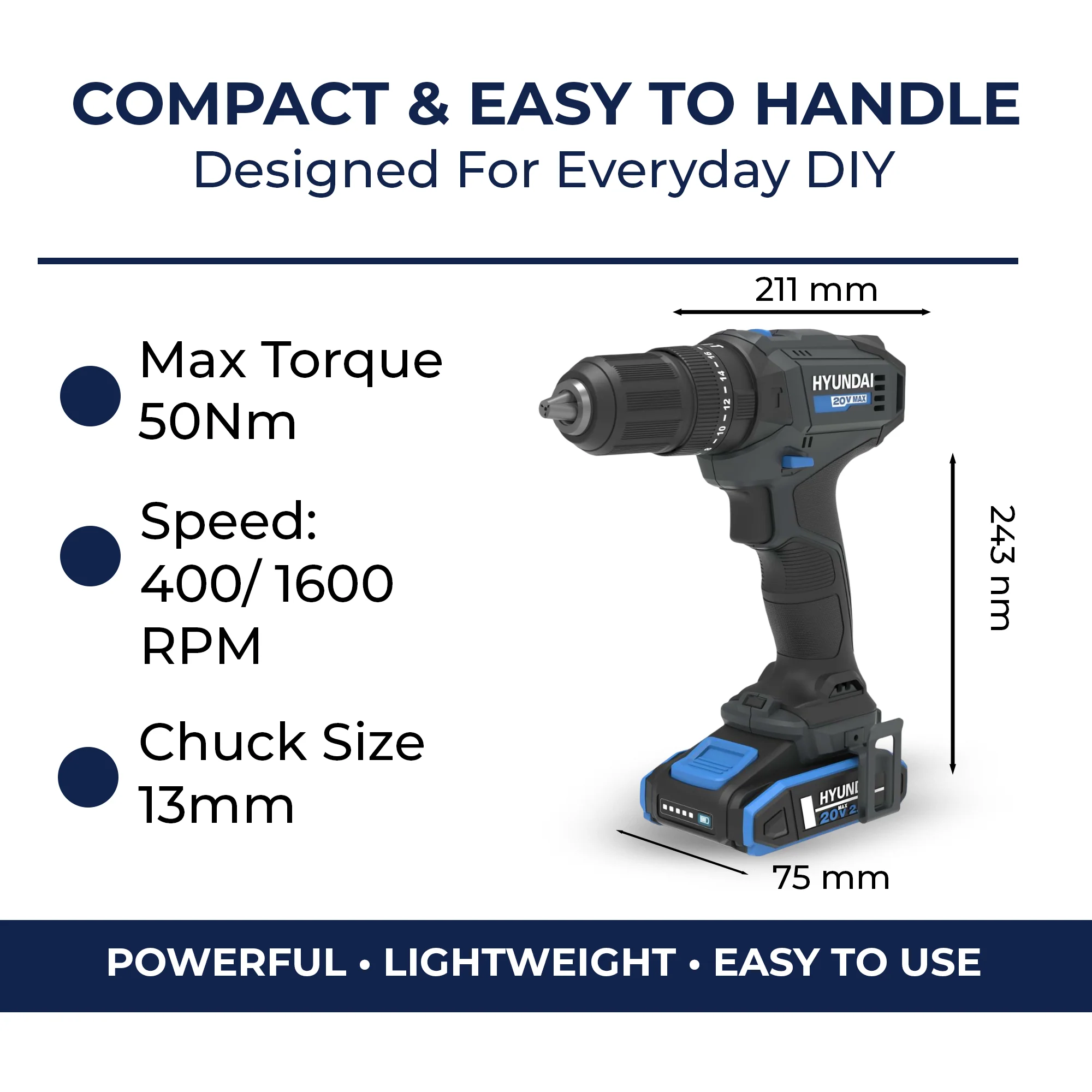 Hyundai 20V Cordless Hammer Drill Kit – 50Nm Power + 75pc Tool Set + 2.0Ah Battery & Fast Charger | Home DIY, Furniture Assembly, Repairs (HD20S-50TT) - Image 11