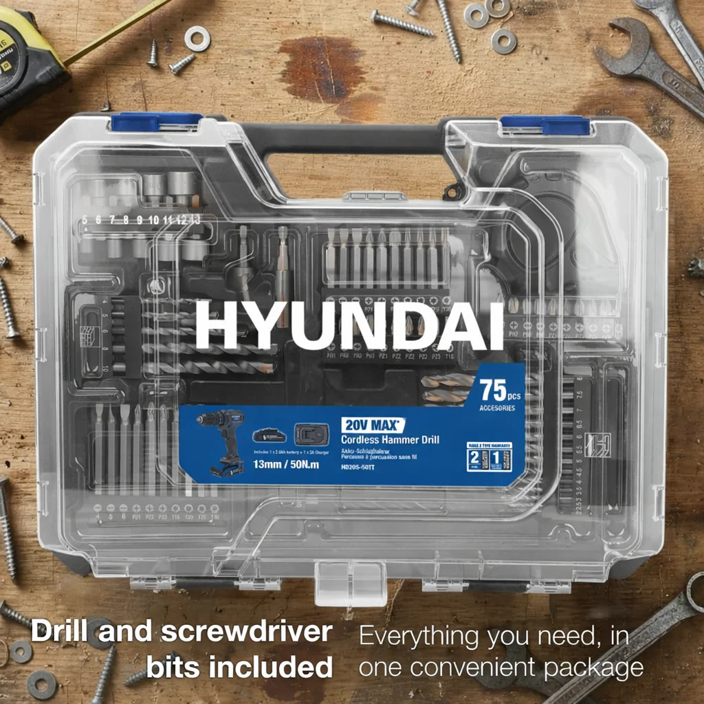 Hyundai 20V Cordless Hammer Drill Kit – 50Nm Power + 75pc Tool Set + 2.0Ah Battery & Fast Charger | Home DIY, Furniture Assembly, Repairs (HD20S-50TT) - Image 15