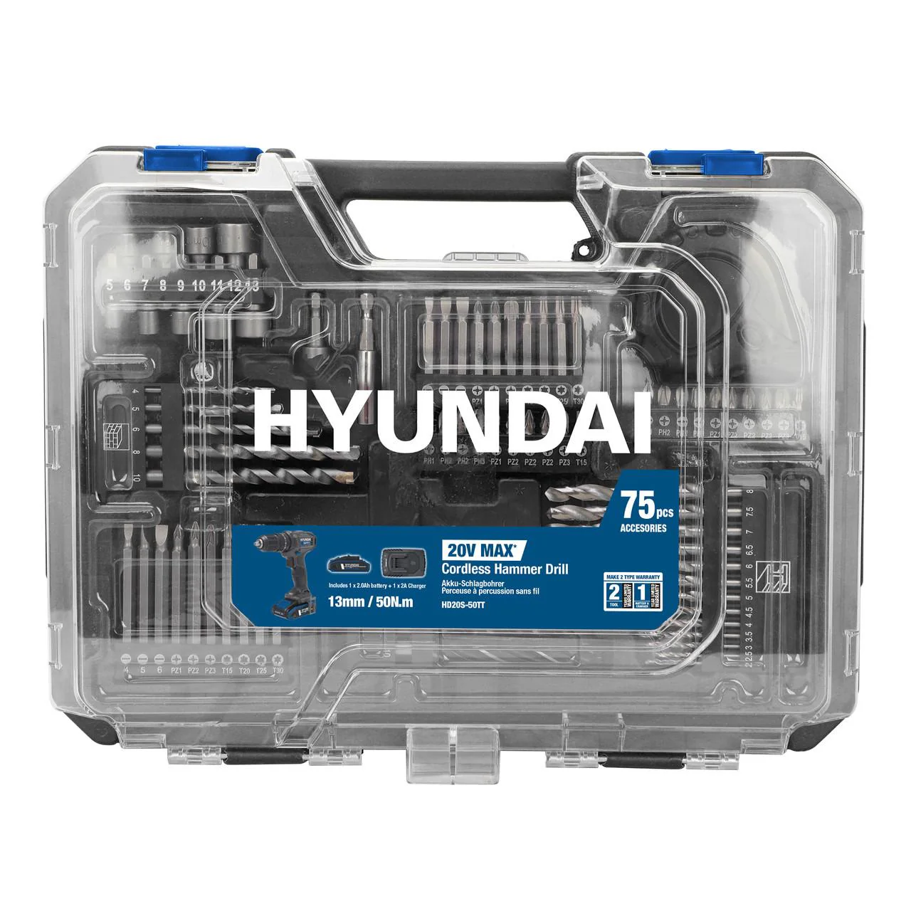 Hyundai 20V Cordless Hammer Drill Kit – 50Nm Power + 75pc Tool Set + 2.0Ah Battery & Fast Charger | Home DIY, Furniture Assembly, Repairs (HD20S-50TT) - Image 16