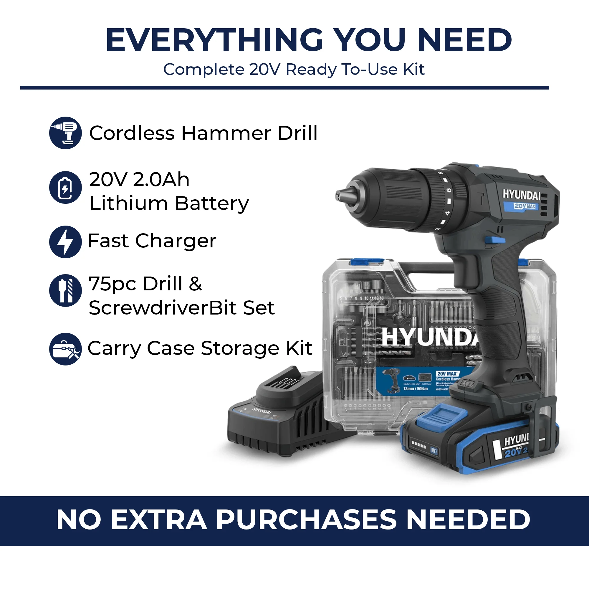 Hyundai 20V Cordless Hammer Drill Kit – 50Nm Power + 75pc Tool Set + 2.0Ah Battery & Fast Charger | Home DIY, Furniture Assembly, Repairs (HD20S-50TT) - Image 4