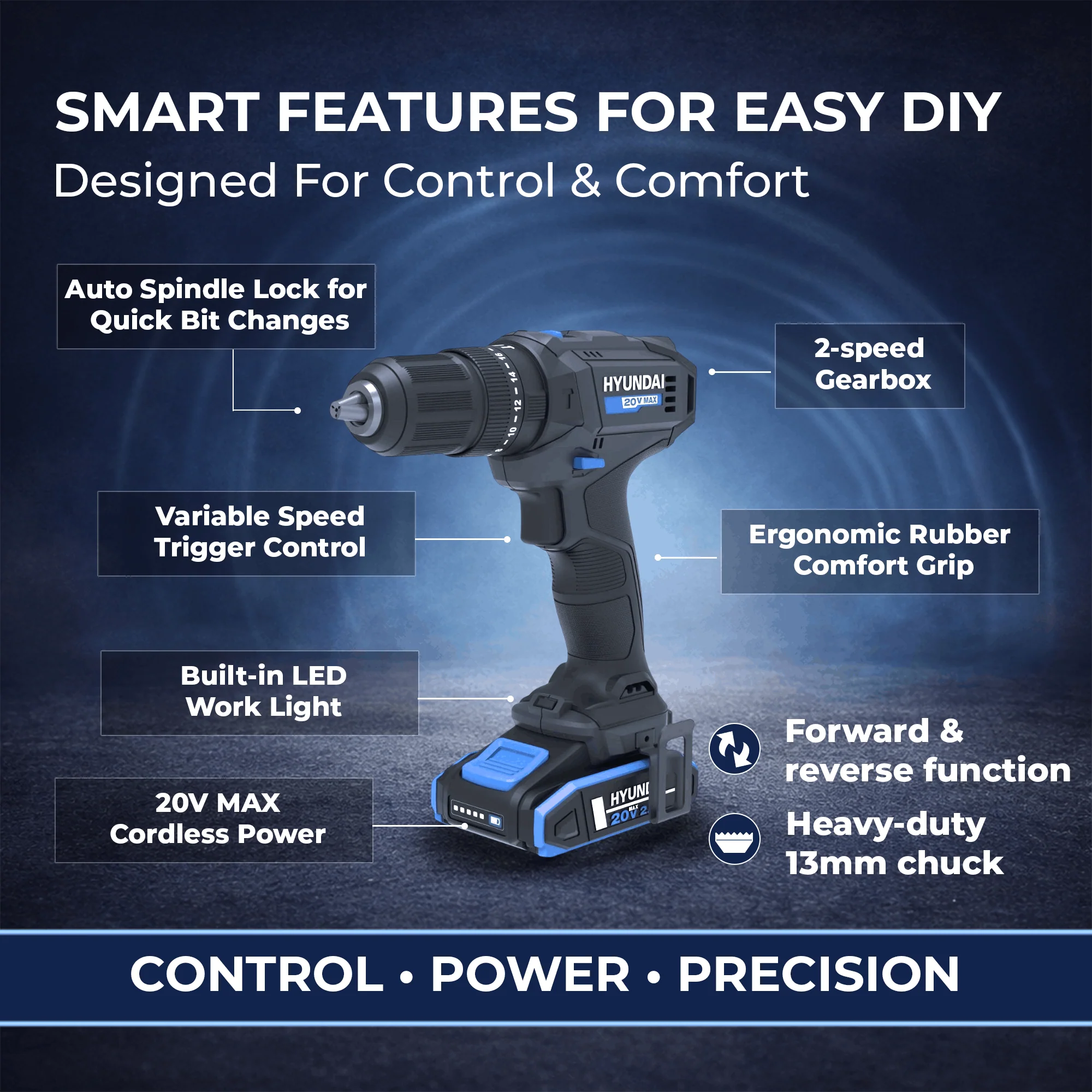 Hyundai 20V Cordless Hammer Drill Kit – 50Nm Power + 75pc Tool Set + 2.0Ah Battery & Fast Charger | Home DIY, Furniture Assembly, Repairs (HD20S-50TT) - Image 7