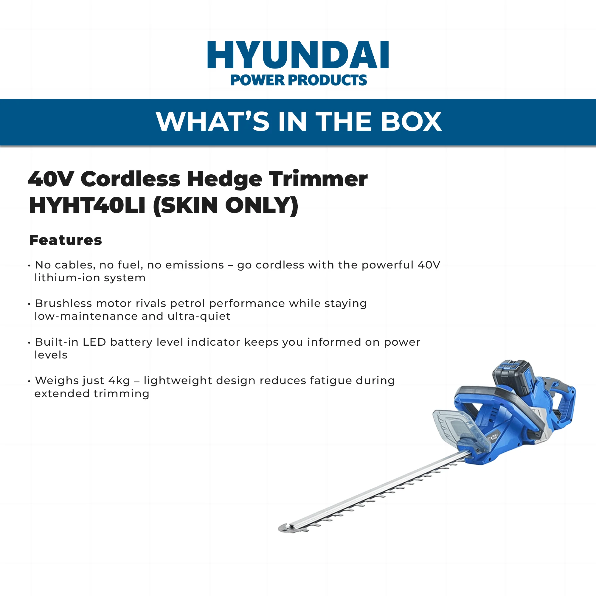 Hyundai 40V Cordless Hedge Trimmer – 520mm Blade, Brushless Motor - SKIN ONLY (HYHT40LI) - Image 5