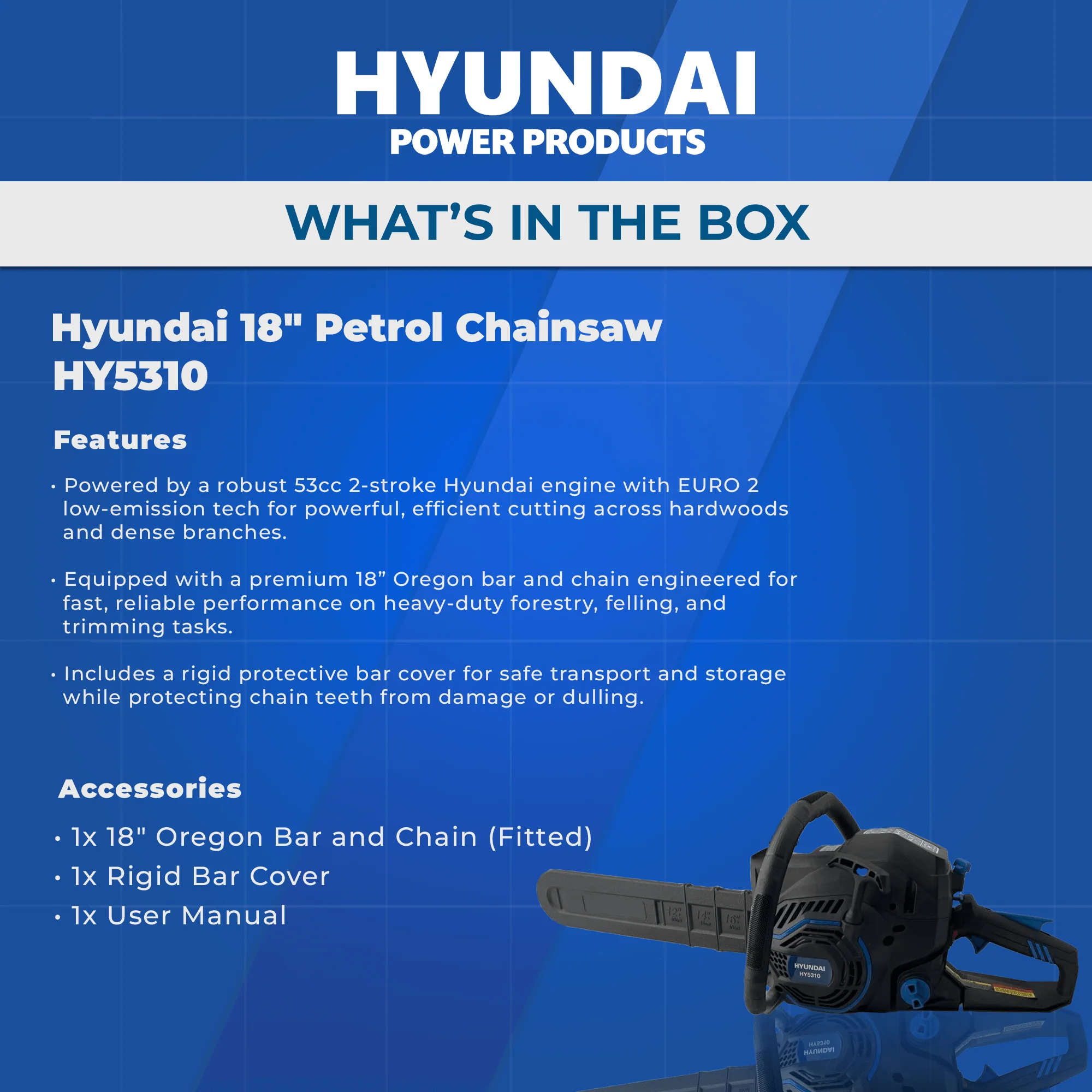 Hyundai 18" Petrol Chainsaw – 53cc 2-Stroke, Oregon Bar, Anti-Vibration, Auto Chain Lube, Kick-Back Protection (HY5310) - Image 5
