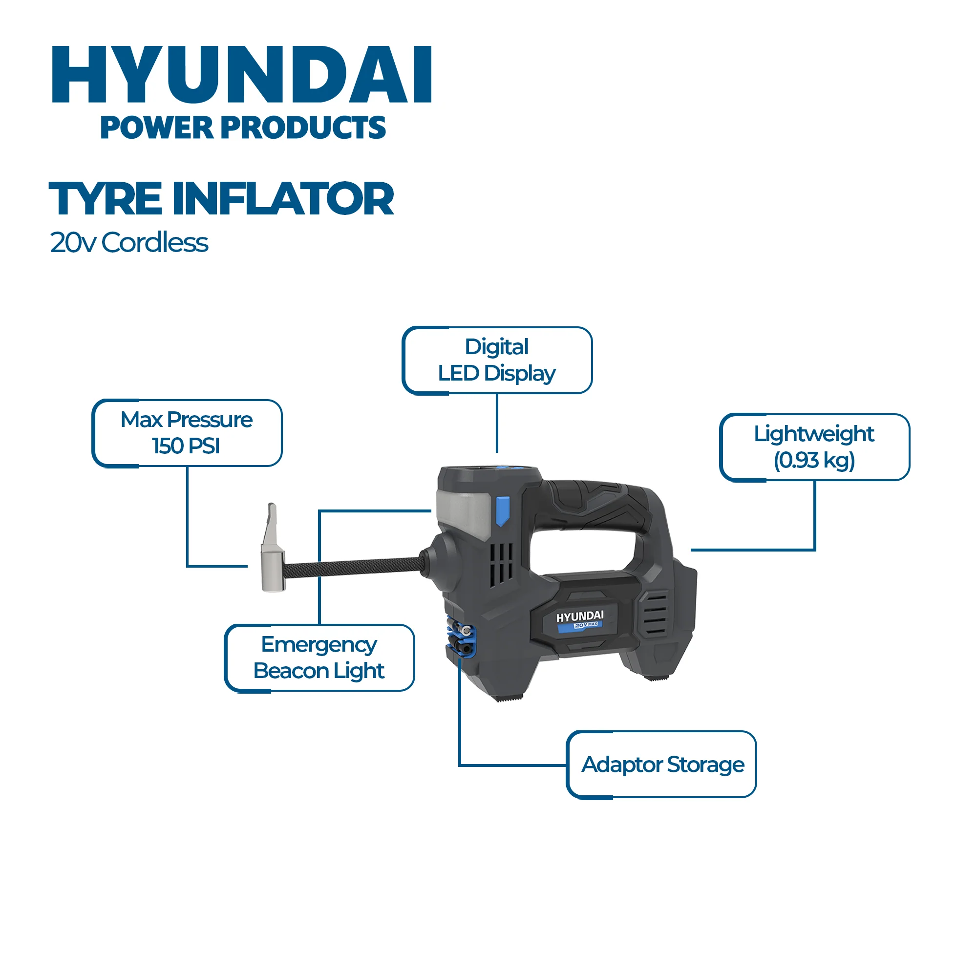 Hyundai Power Tools 4 Piece Kit - Tyre Inflator + Blower + Fan + LED Work Light + 4Amp Battery and Charger ( HPK004 ) - Image 4