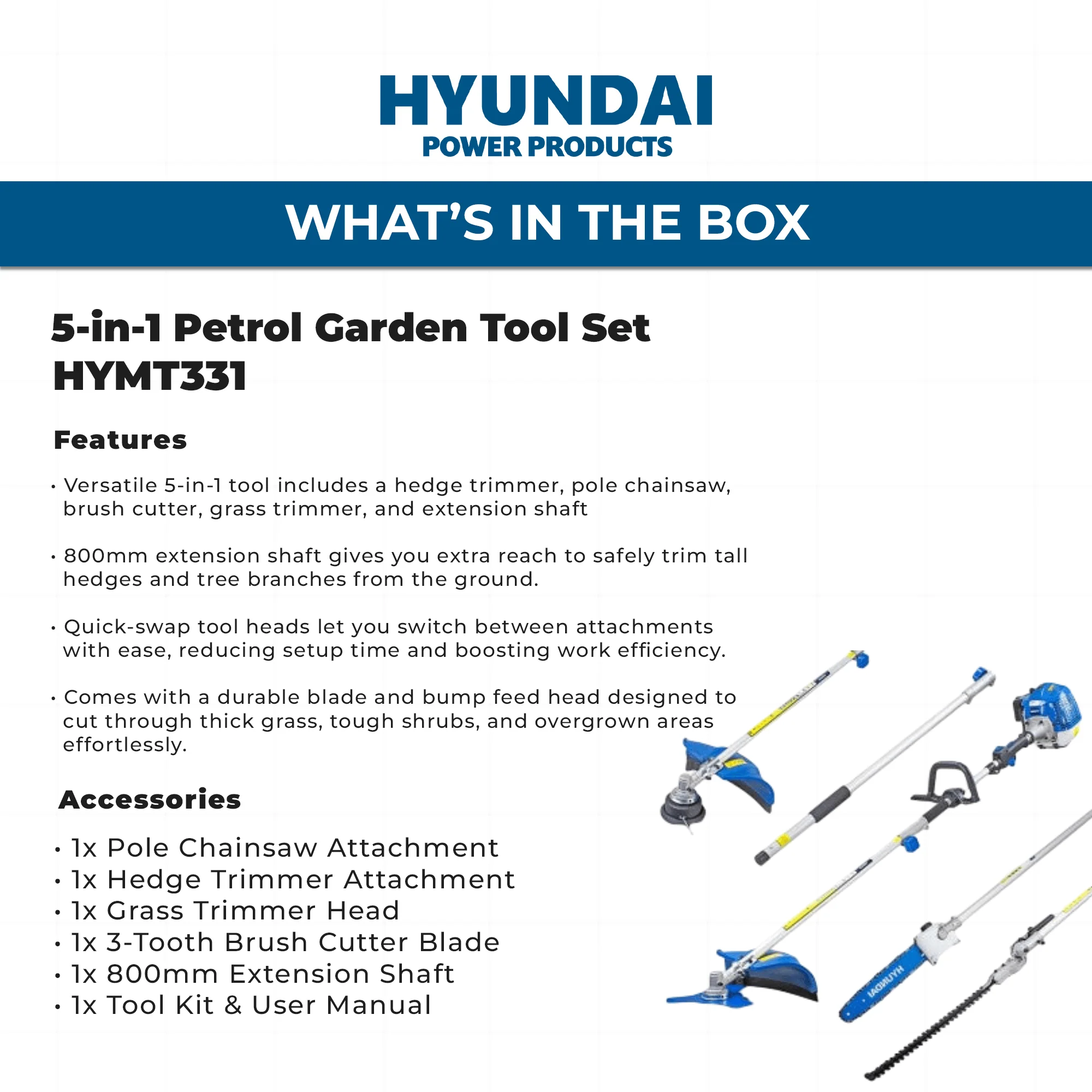 Hyundai 33cc 5-in-1 Petrol Garden Tool Set – Hedge Trimmer, Chainsaw, Brush Cutter & More (HYMT331) - Image 7