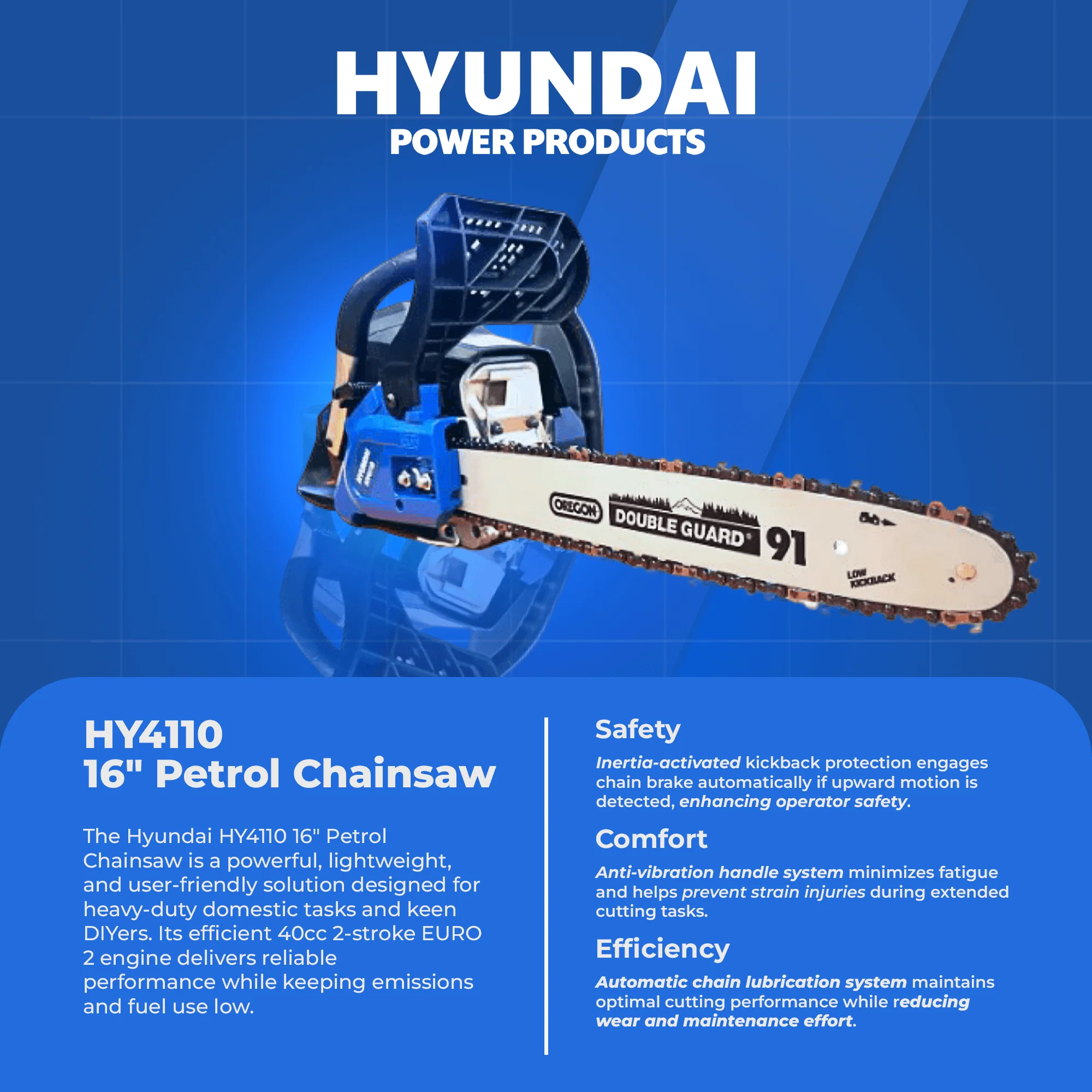 Hyundai 16" Petrol Chainsaw – 40cc 2-Stroke, Oregon Bar, Lightweight, Auto Chain Lube, Anti-Kickback Brake (HY4110) - Image 3