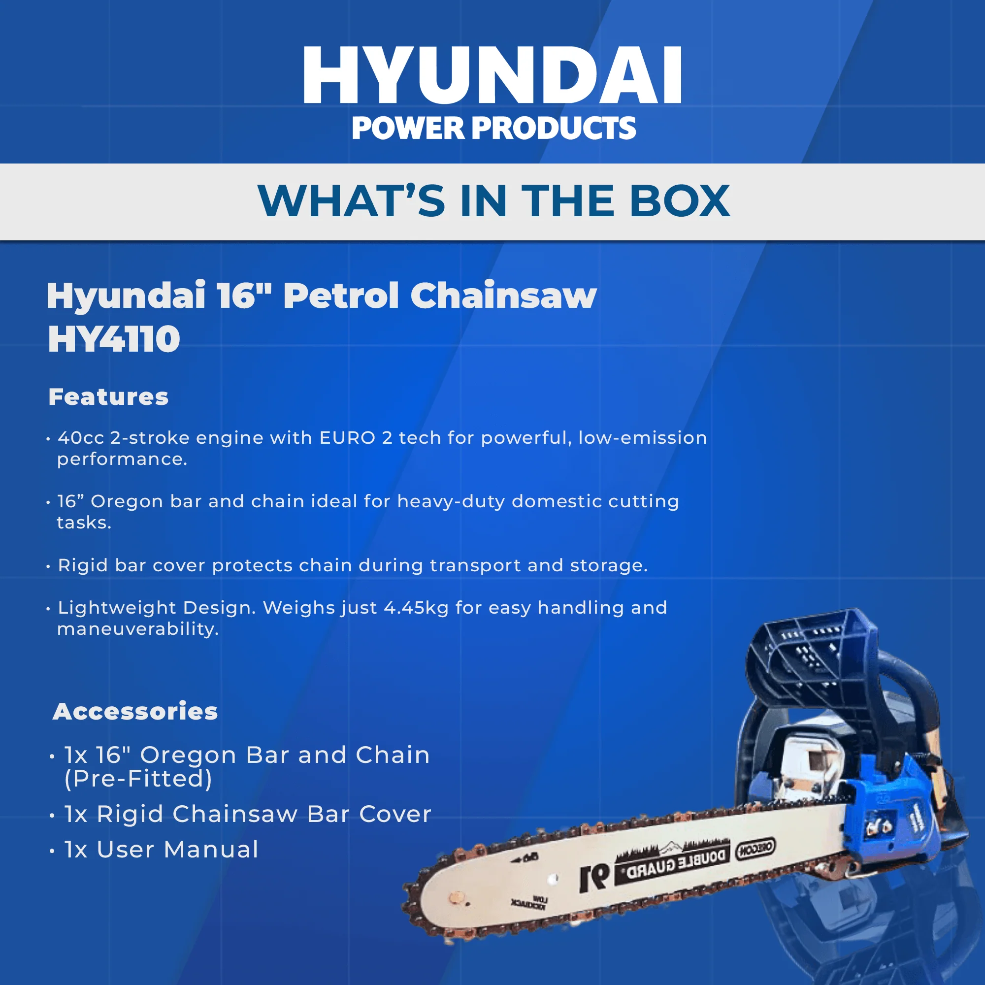 Hyundai 16" Petrol Chainsaw – 40cc 2-Stroke, Oregon Bar, Lightweight, Auto Chain Lube, Anti-Kickback Brake (HY4110) - Image 5