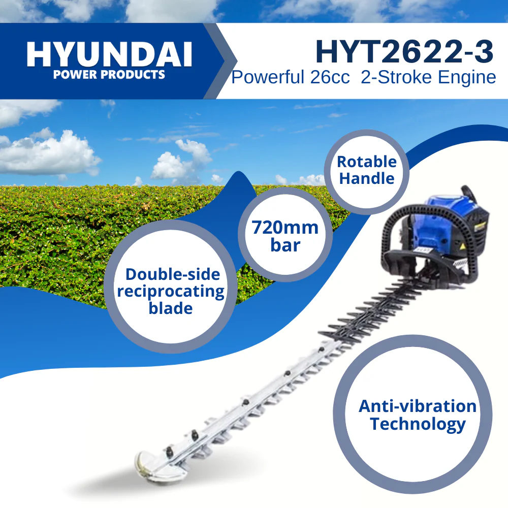 Hyundai 25.4cc Petrol Hedge Trimmer – Double Reciprocating Blade, Rotatable Handle, Easy Start (HYT2622-3) - Image 3