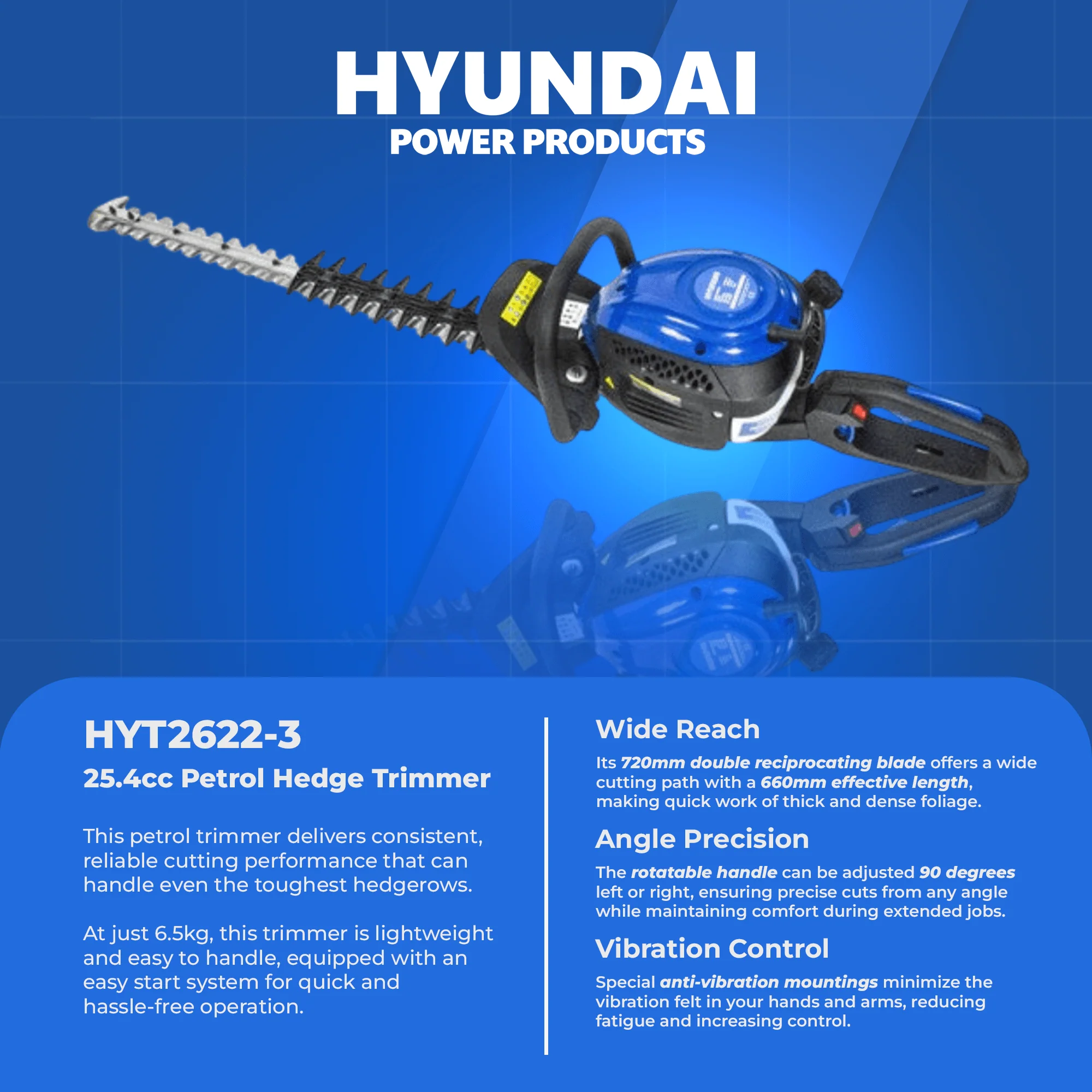 Hyundai 25.4cc Petrol Hedge Trimmer – Double Reciprocating Blade, Rotatable Handle, Easy Start (HYT2622-3) - Image 4