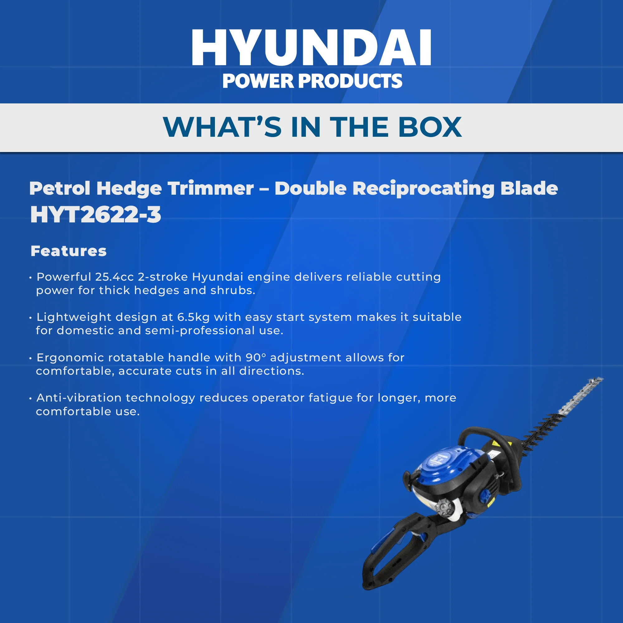 Hyundai 25.4cc Petrol Hedge Trimmer – Double Reciprocating Blade, Rotatable Handle, Easy Start (HYT2622-3) - Image 6
